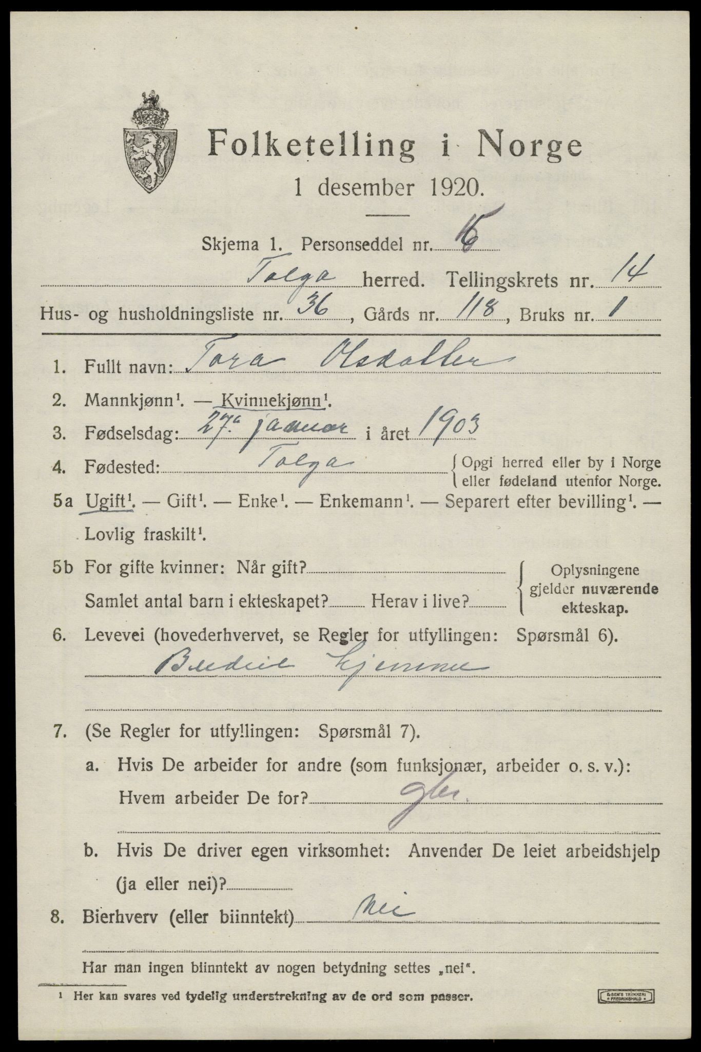SAH, Folketelling 1920 for 0436 Tolga herred, 1920, s. 6673