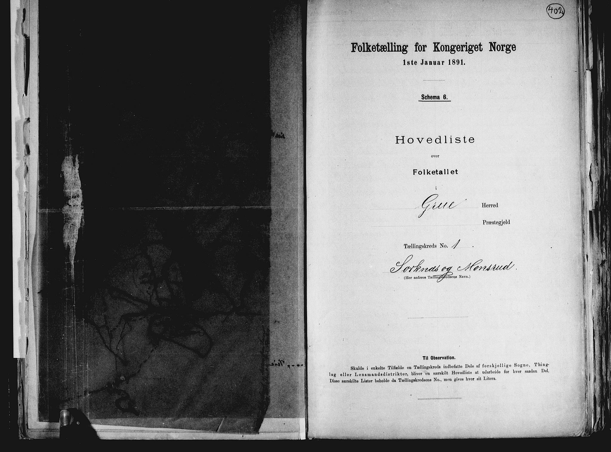 RA, Folketelling 1891 for 0423 Grue herred, 1891, s. 6