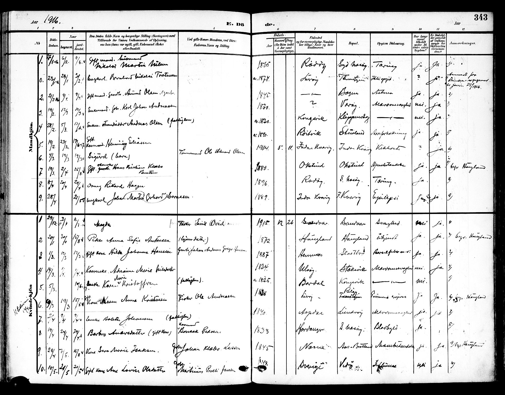 Ministerialprotokoller, klokkerbøker og fødselsregistre - Nordland, SAT/A-1459/839/L0569: Ministerialbok nr. 839A06, 1903-1922, s. 343