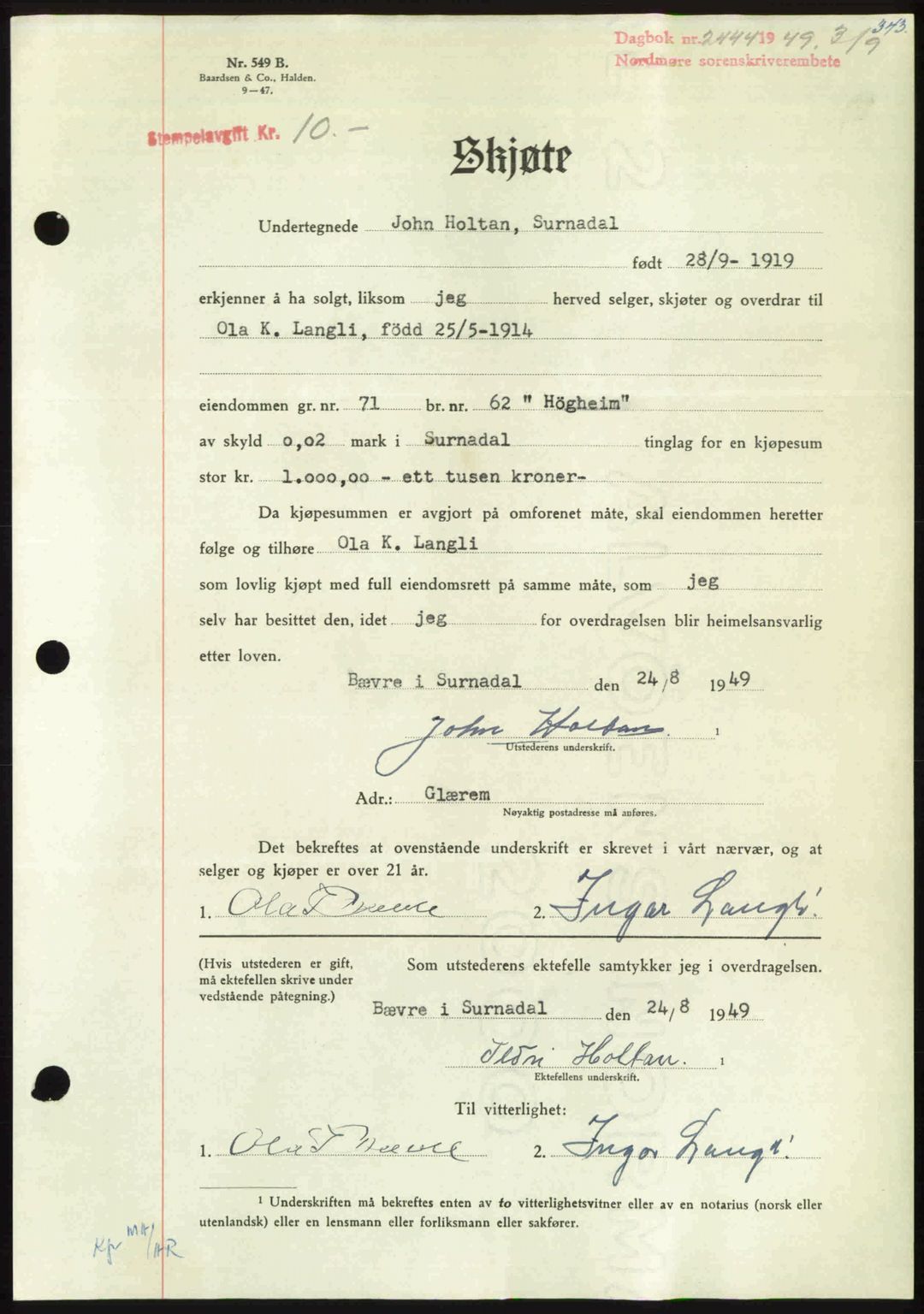 Nordmøre sorenskriveri, SAT/A-4132/1/2/2Ca: Pantebok nr. A112, 1949-1949, Dagboknr: 2444/1949