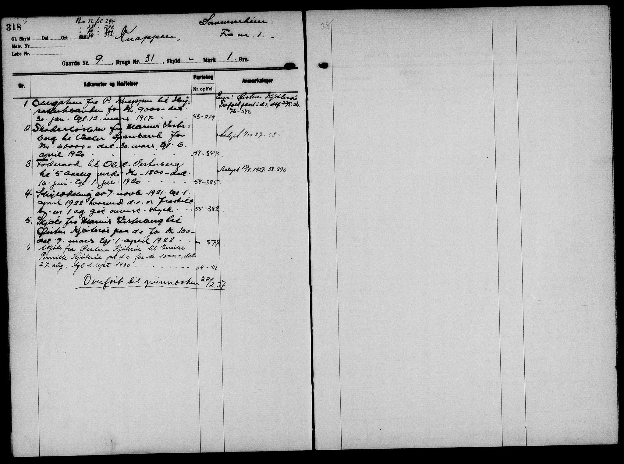 Solør tingrett, AV/SAH-TING-008/H/Ha/Hak/L0001: Panteregister nr. I, 1900-1935, s. 318