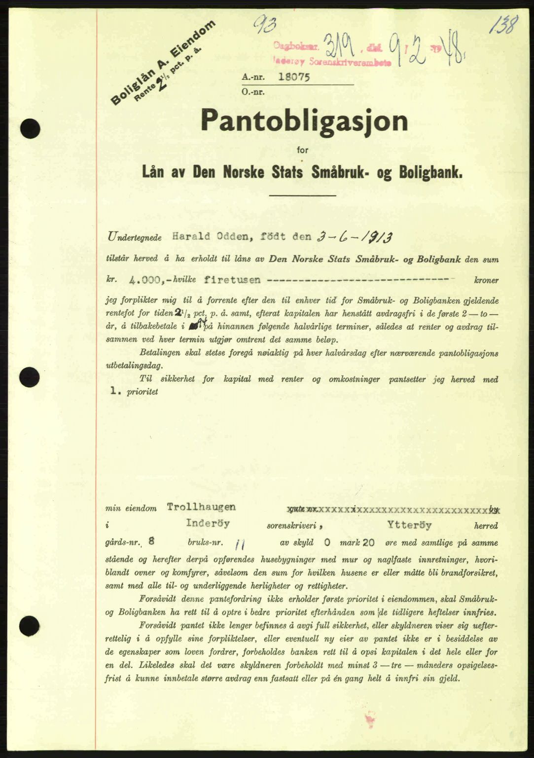 Inderøy sorenskriveri, SAT/A-4147/1/2/2C: Pantebok nr. Y1, 1936-1950, Dagboknr: 319/1948
