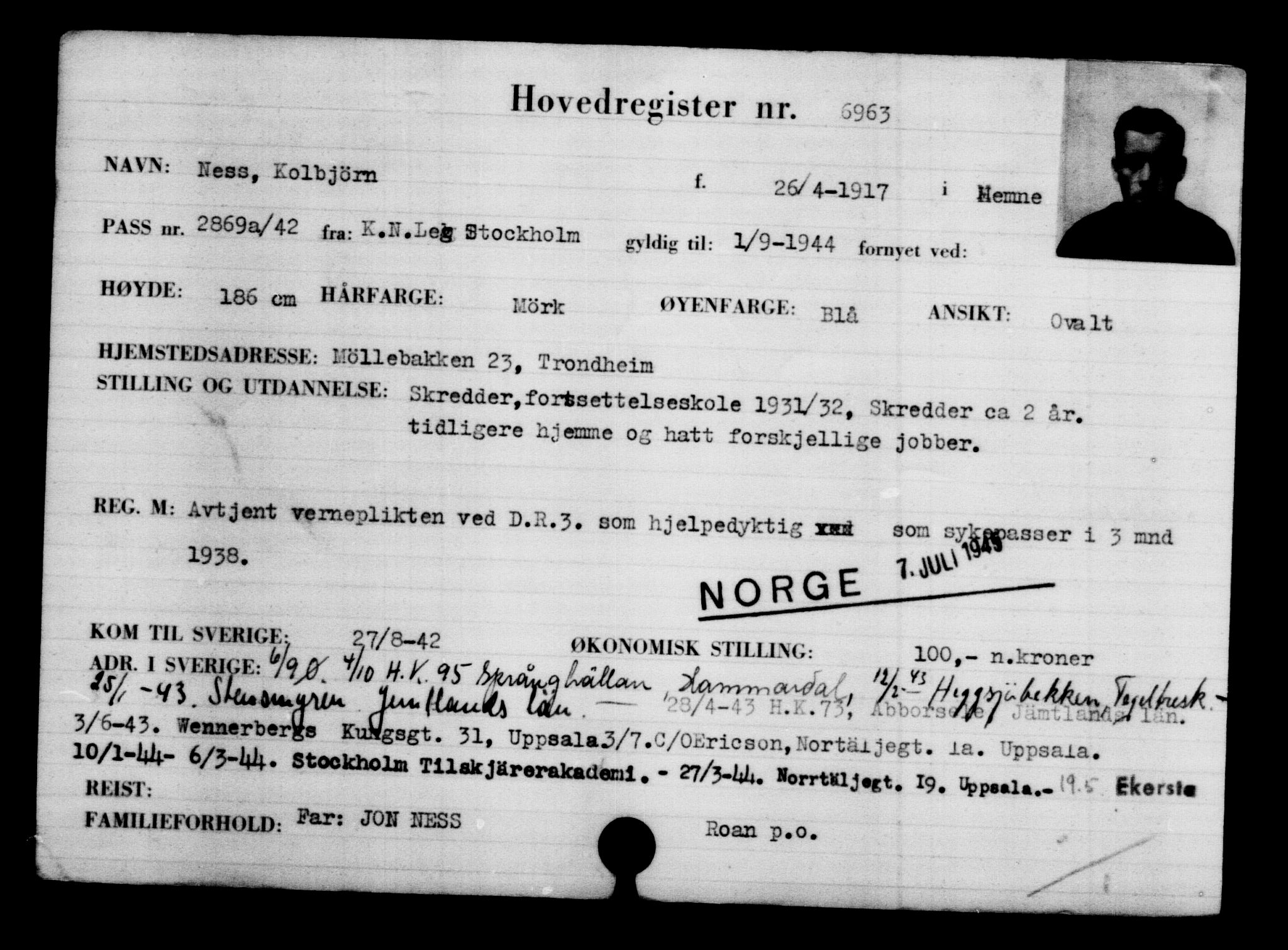Utenriksstasjonene, Legasjonen i Stockholm, Flyktningkontoret, AV/RA-S-6753/V/Va/L0005: Kjesäterkartoteket, flyktning nr. 6600-9417, 1940-1945, s. 443