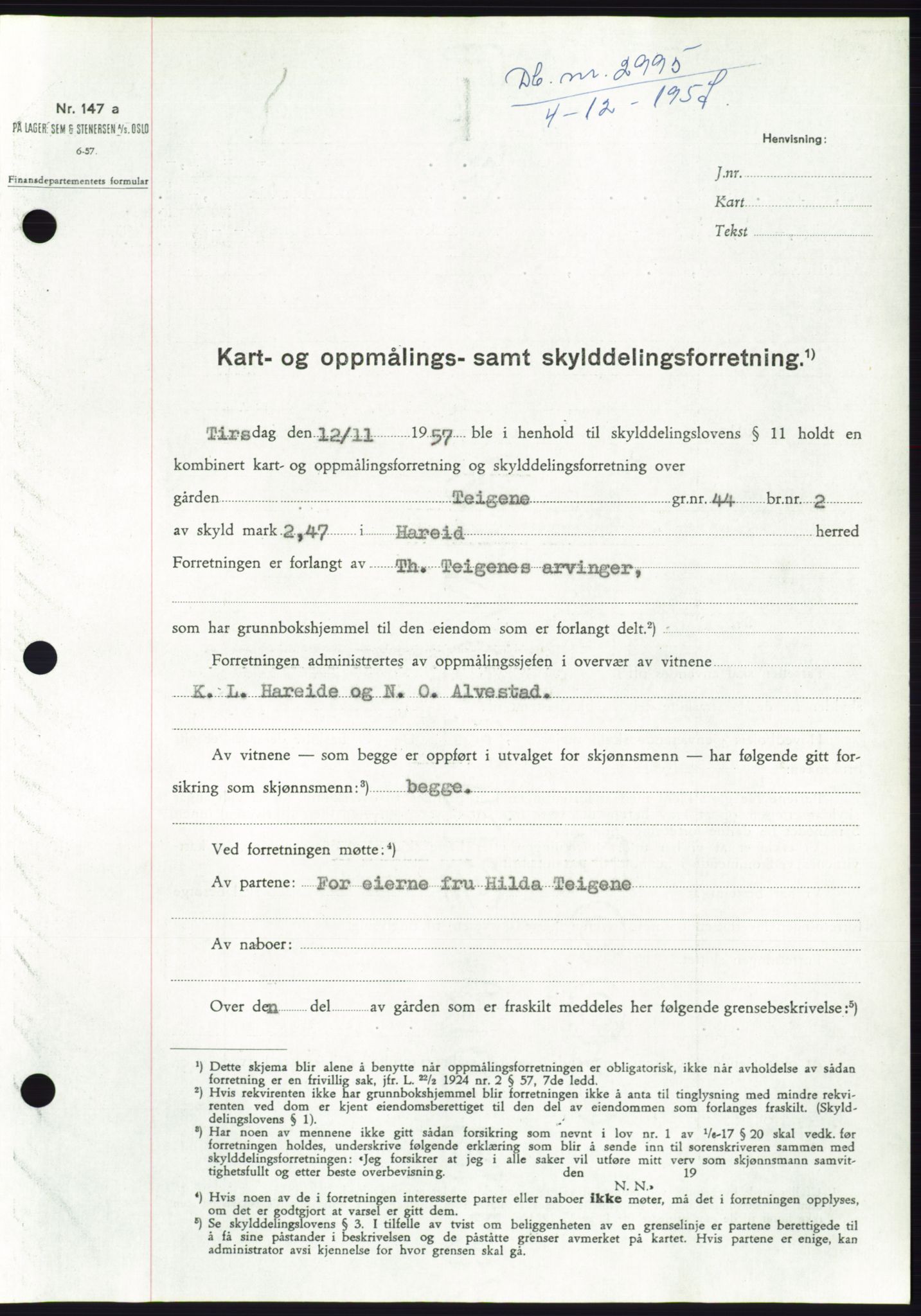 Søre Sunnmøre sorenskriveri, SAT/A-4122/1/2/2C/L0108: Pantebok nr. 34A, 1957-1958, Dagboknr: 2995/1957