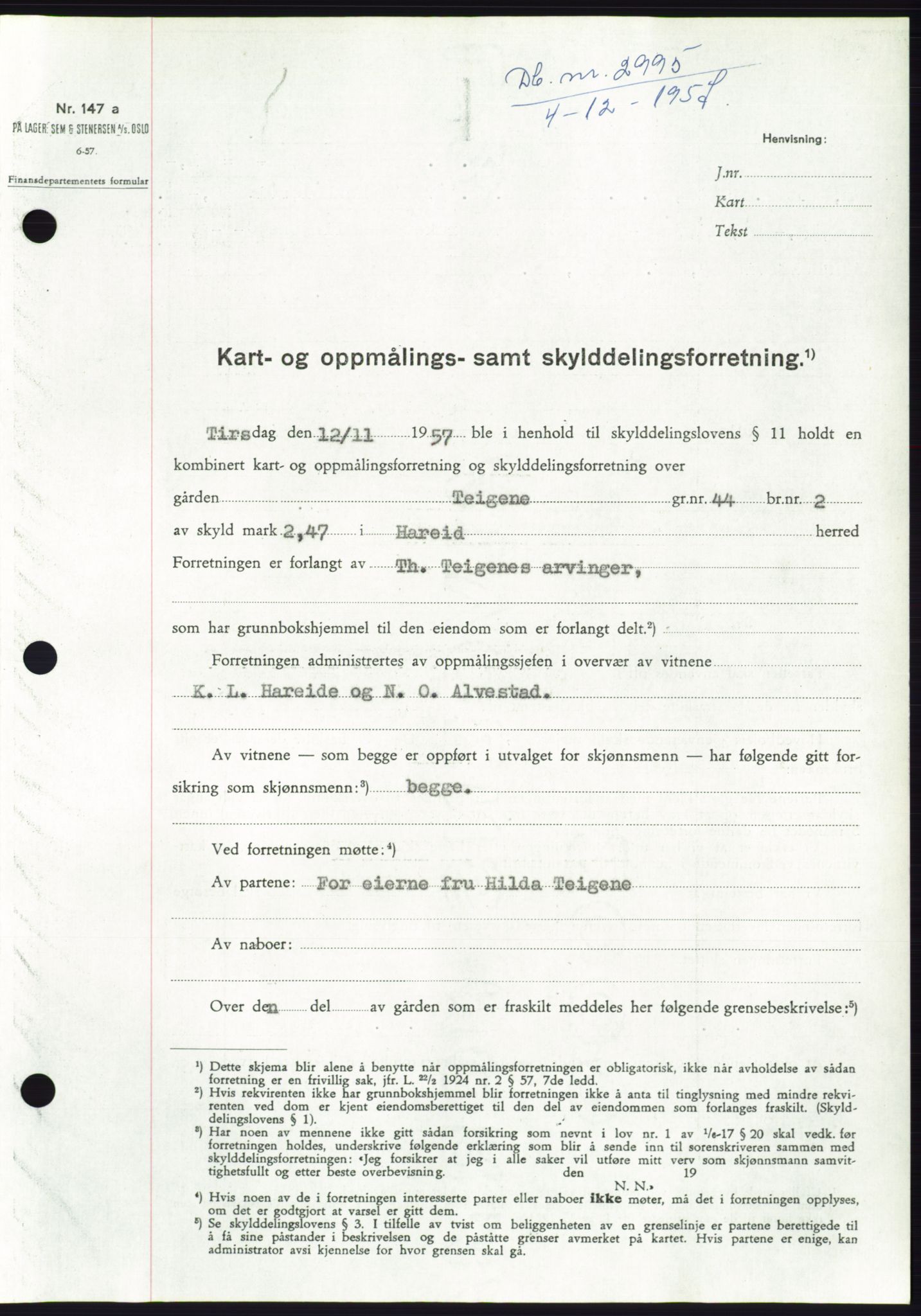 Søre Sunnmøre sorenskriveri, AV/SAT-A-4122/1/2/2C/L0108: Pantebok nr. 34A, 1957-1958, Dagboknr: 2995/1957