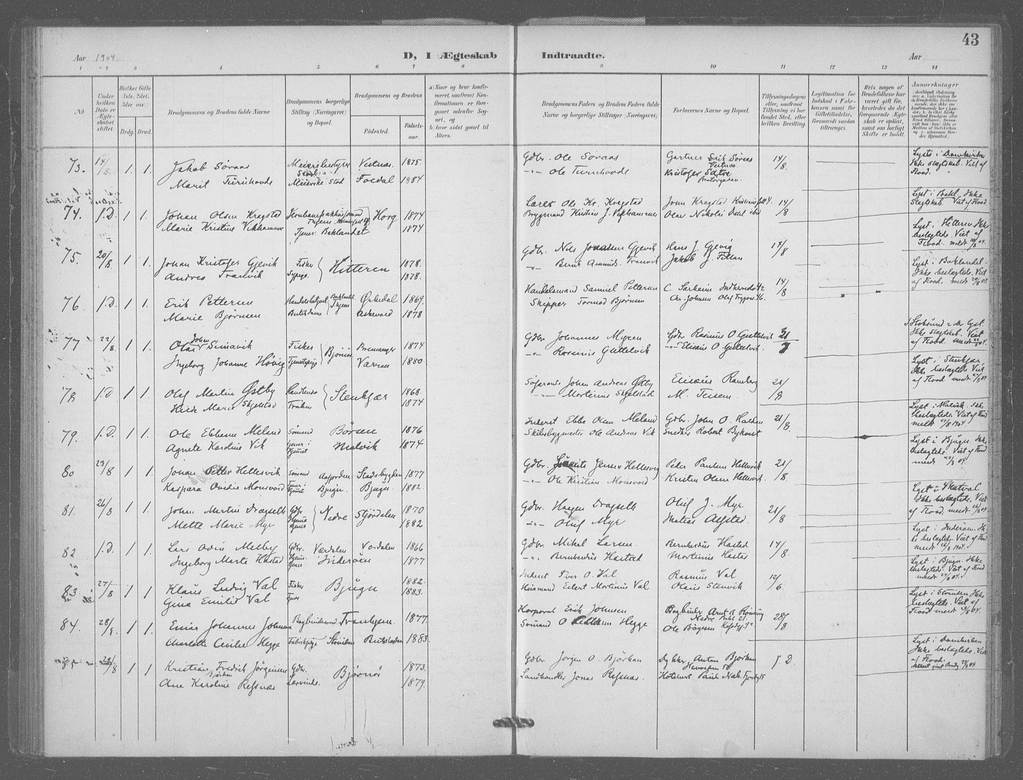 Ministerialprotokoller, klokkerbøker og fødselsregistre - Sør-Trøndelag, AV/SAT-A-1456/601/L0077: Residerende kapellans bok nr. 601B10, 1900-1907, s. 43
