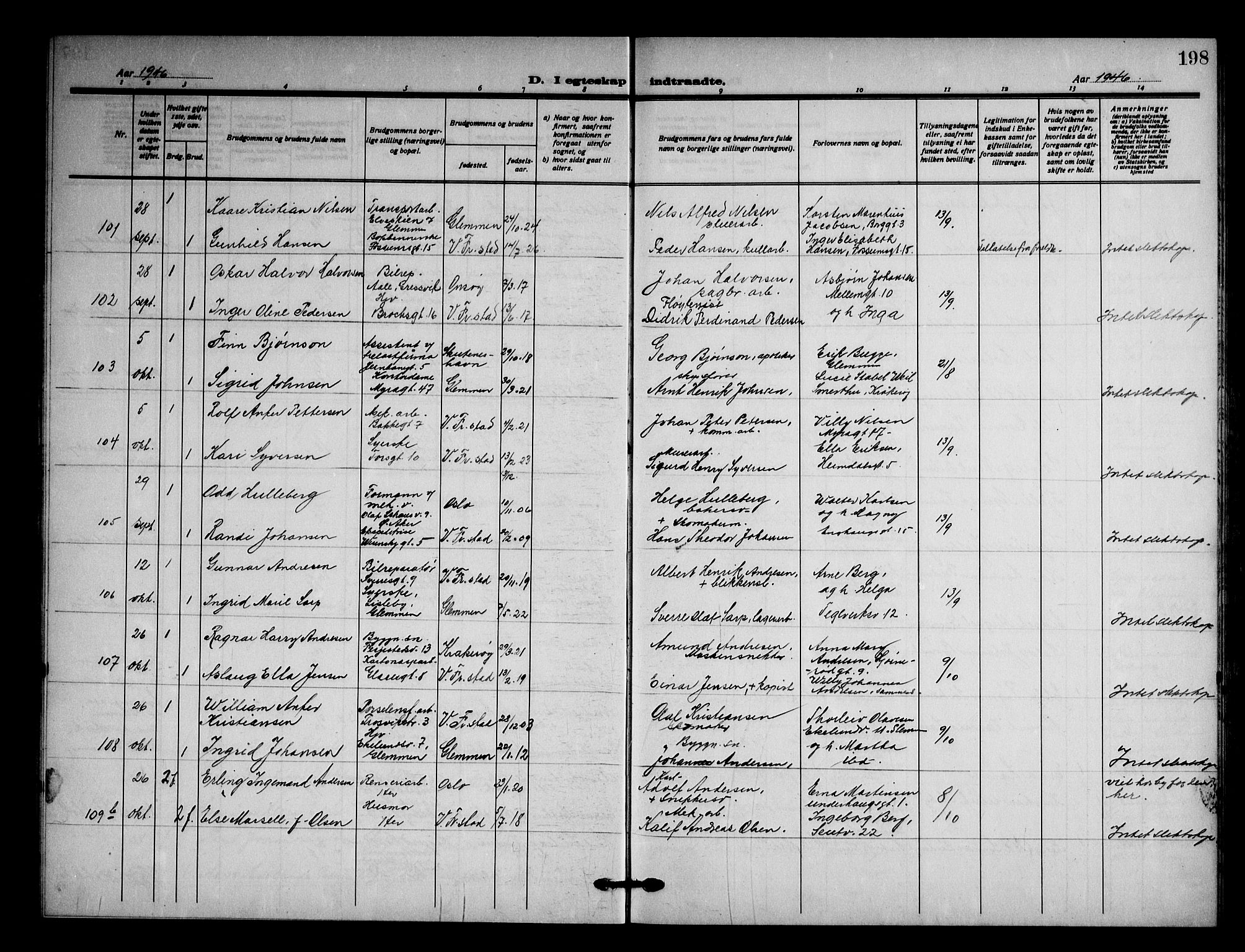 Fredrikstad domkirkes prestekontor Kirkebøker, AV/SAO-A-10906/G/Ga/L0006: Klokkerbok nr. 6, 1923-1949, s. 198