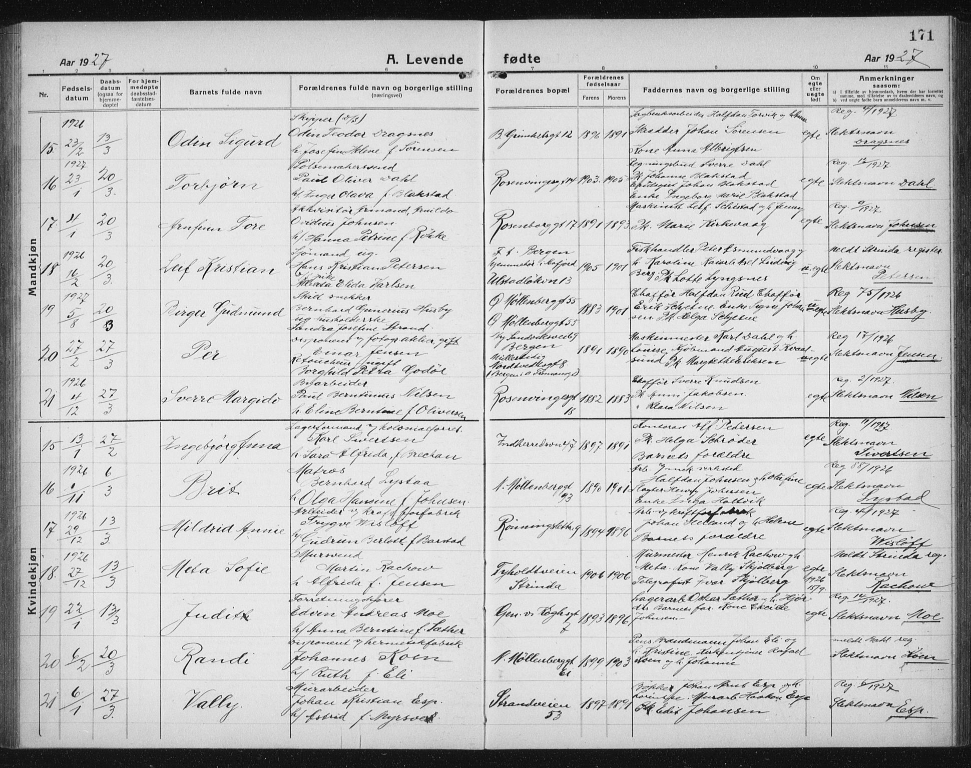 Ministerialprotokoller, klokkerbøker og fødselsregistre - Sør-Trøndelag, SAT/A-1456/605/L0259: Klokkerbok nr. 605C06, 1920-1937, s. 171