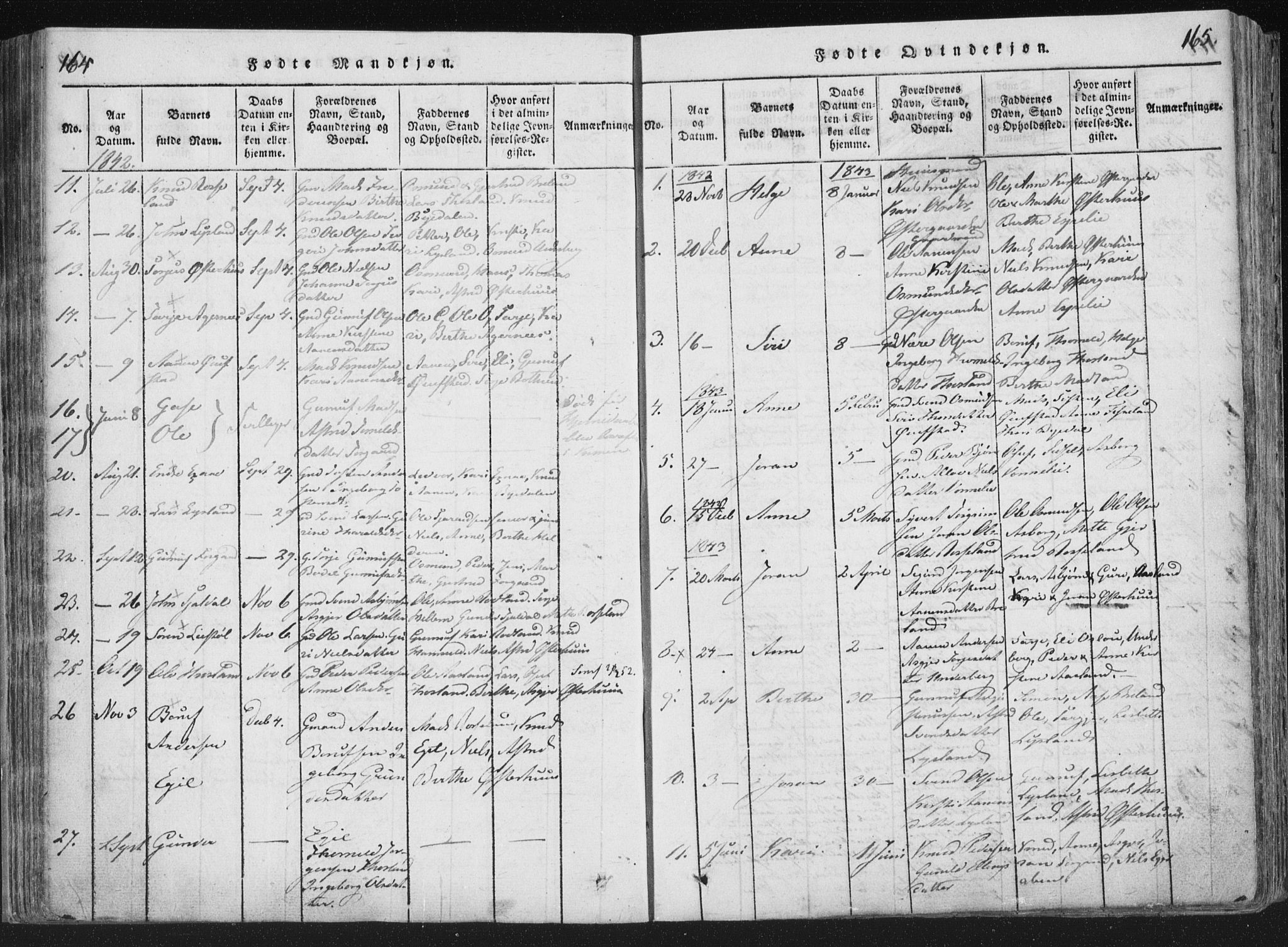 Åseral sokneprestkontor, AV/SAK-1111-0051/F/Fa/L0001: Ministerialbok nr. A 1, 1815-1853, s. 164-165