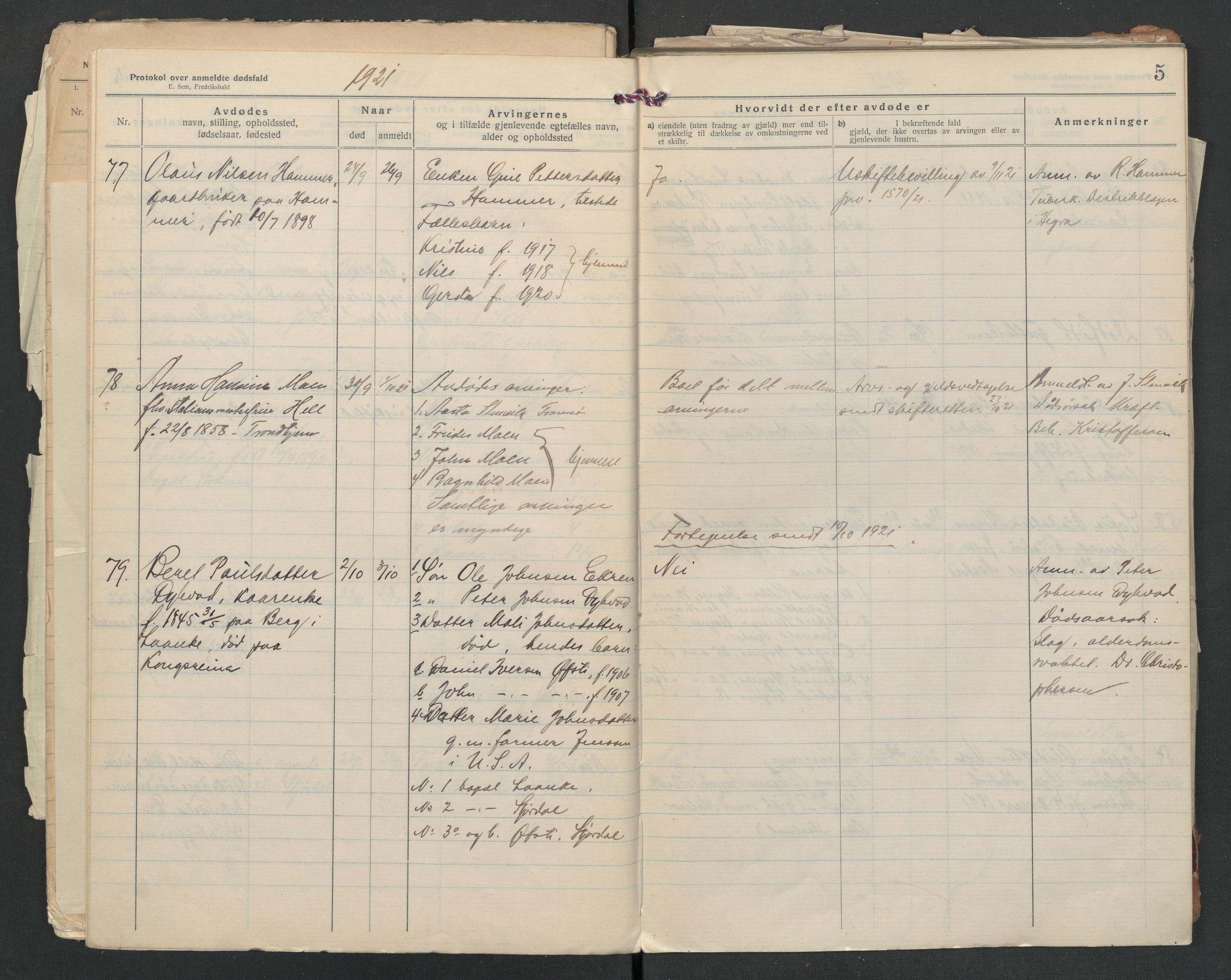 Nedre Stjørdal lensmannskontor, AV/SAT-A-1044/02/L0005: 2.01.05 Dødsfallsprotokoller, 1921-1928, s. 5