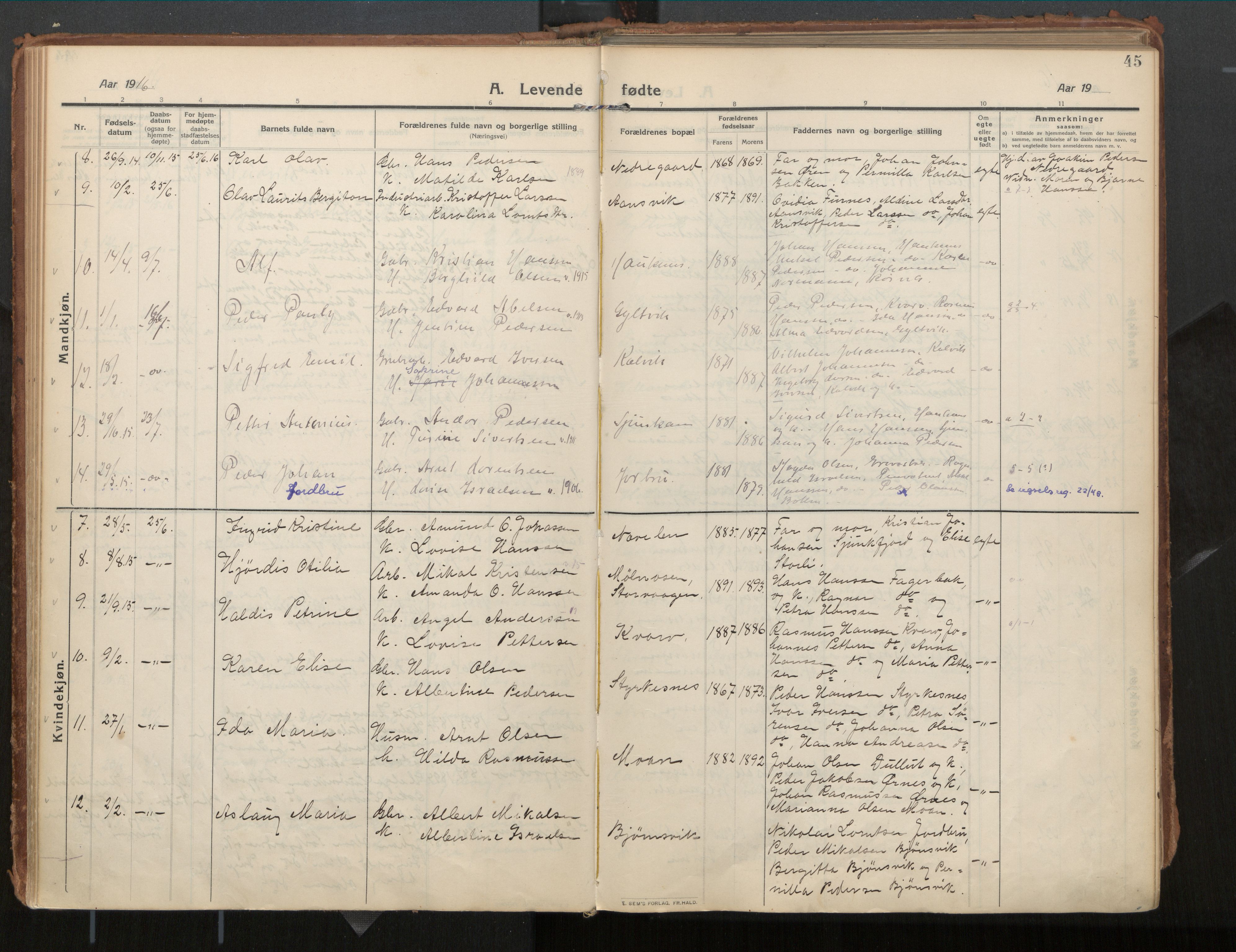 Ministerialprotokoller, klokkerbøker og fødselsregistre - Nordland, AV/SAT-A-1459/854/L0784: Ministerialbok nr. 854A07, 1910-1922, s. 45