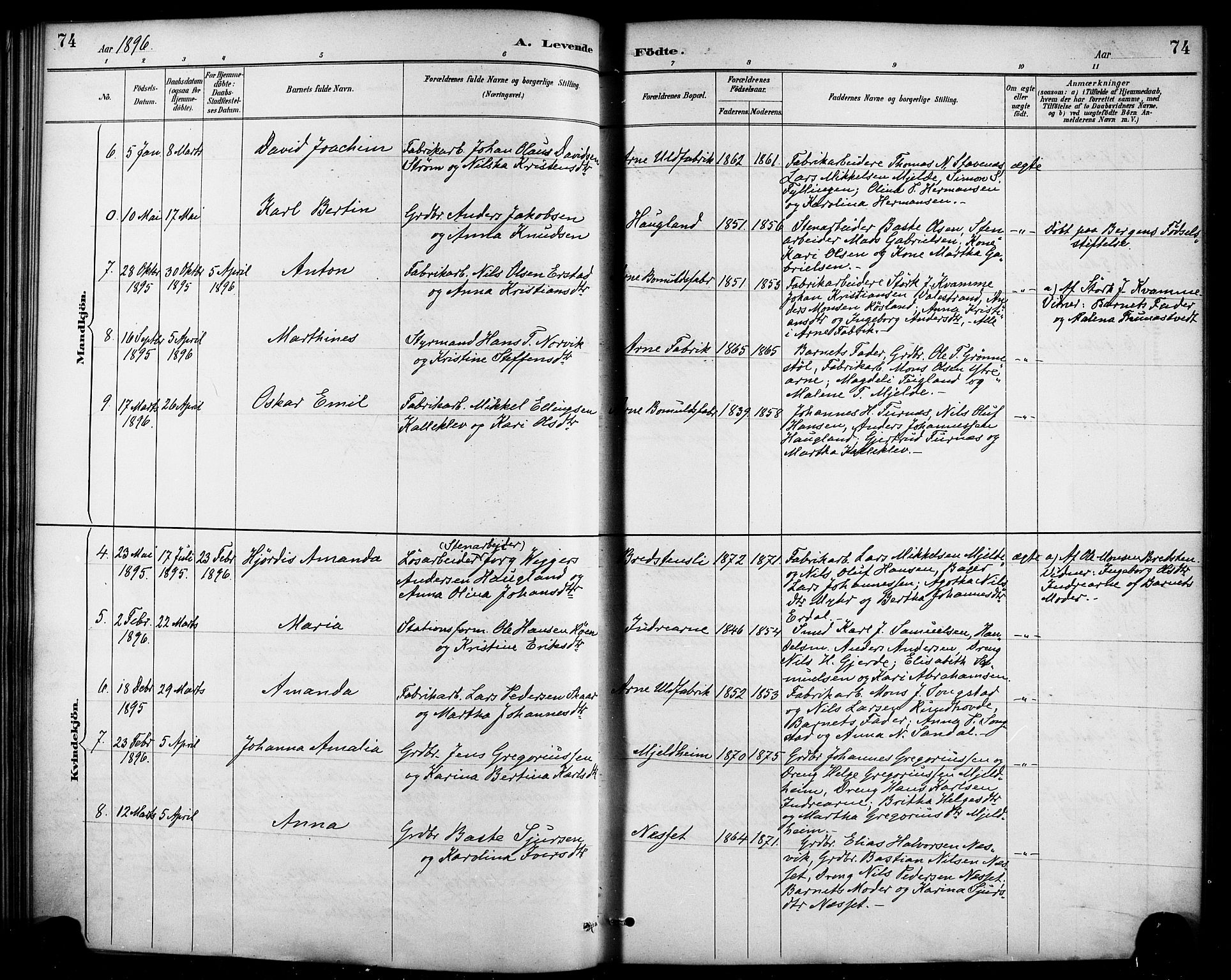 Haus sokneprestembete, AV/SAB-A-75601/H/Haa/Haad/L0001: Ministerialbok nr. D 1, 1887-1898, s. 74