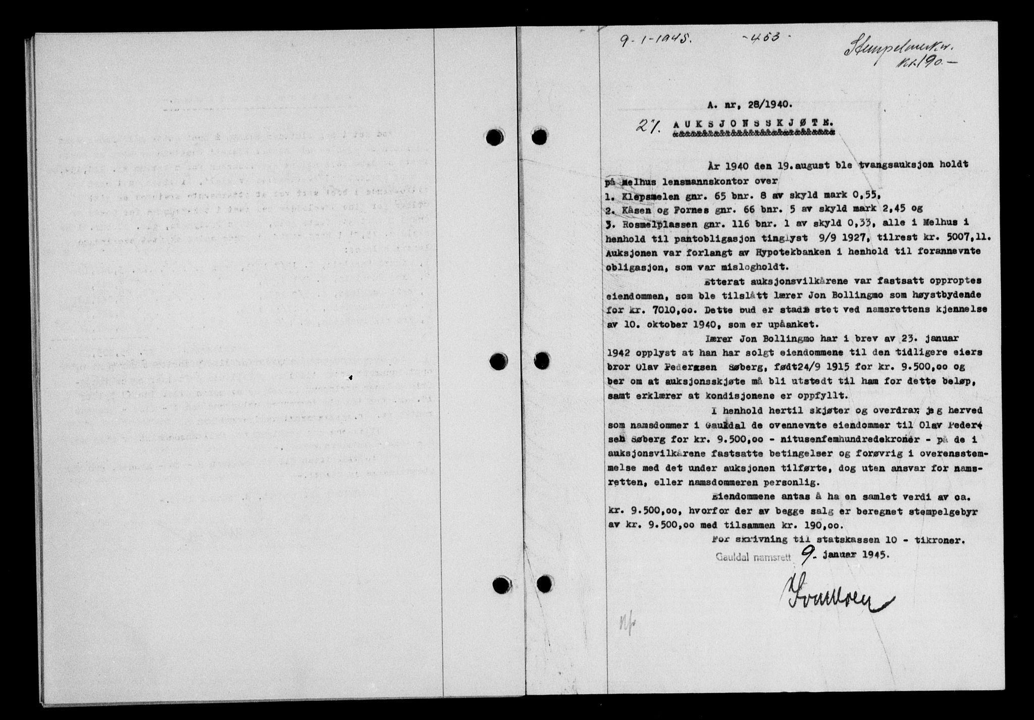 Gauldal sorenskriveri, SAT/A-0014/1/2/2C/L0058: Pantebok nr. 63, 1944-1945, Dagboknr: 27/1945