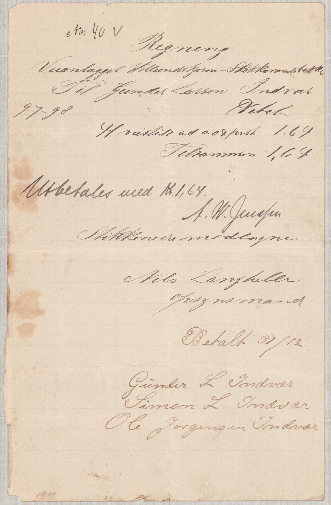 Finnaas kommune. Formannskapet, IKAH/1218a-021/E/Ea/L0002/0001: Rekneskap for veganlegg / Rekneskap for veganlegget Urangsvåg - Mælandsvåg, 1898-1900, s. 53