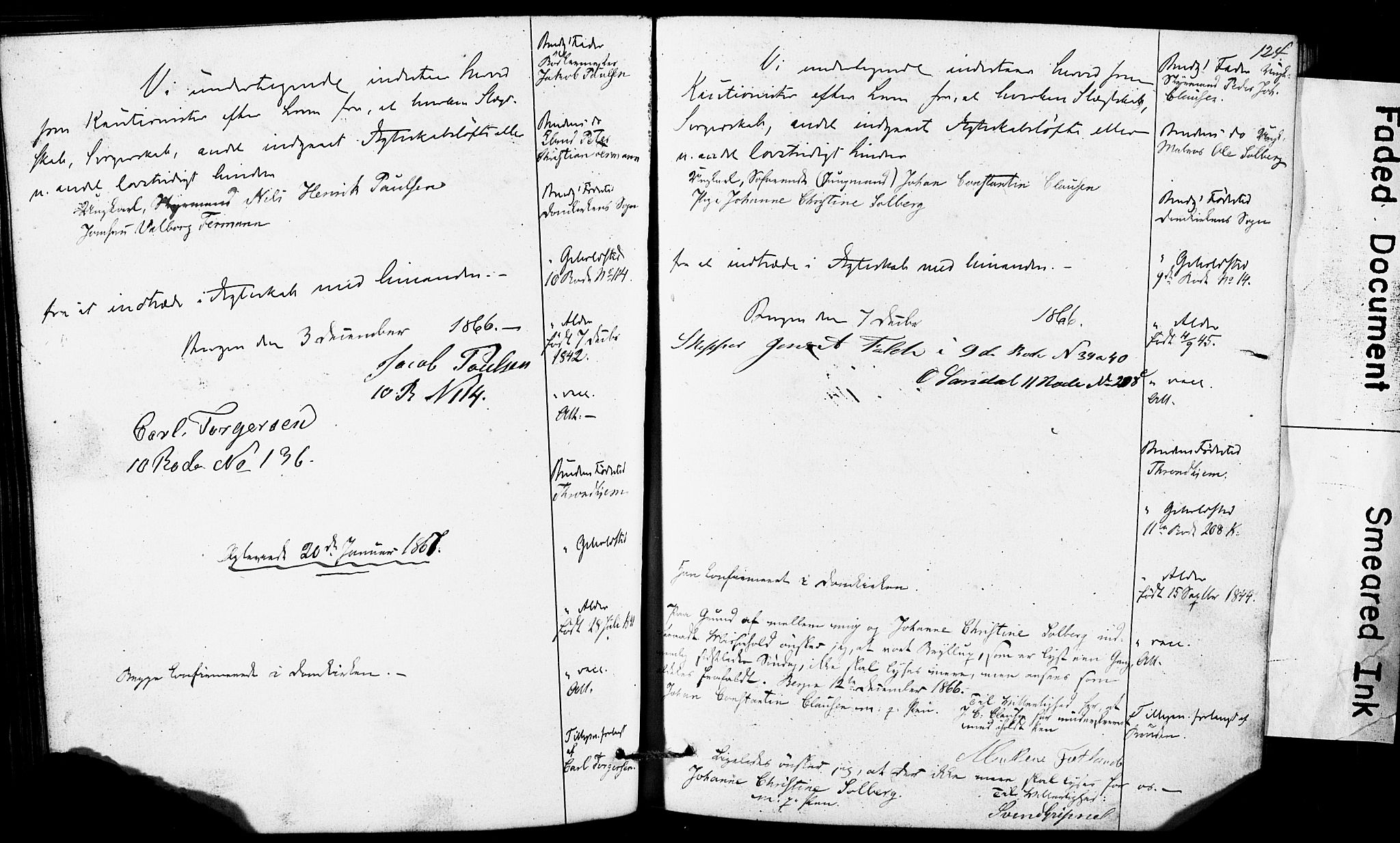 Domkirken sokneprestembete, SAB/A-74801: Forlovererklæringer nr. II.5.6, 1863-1870, s. 124