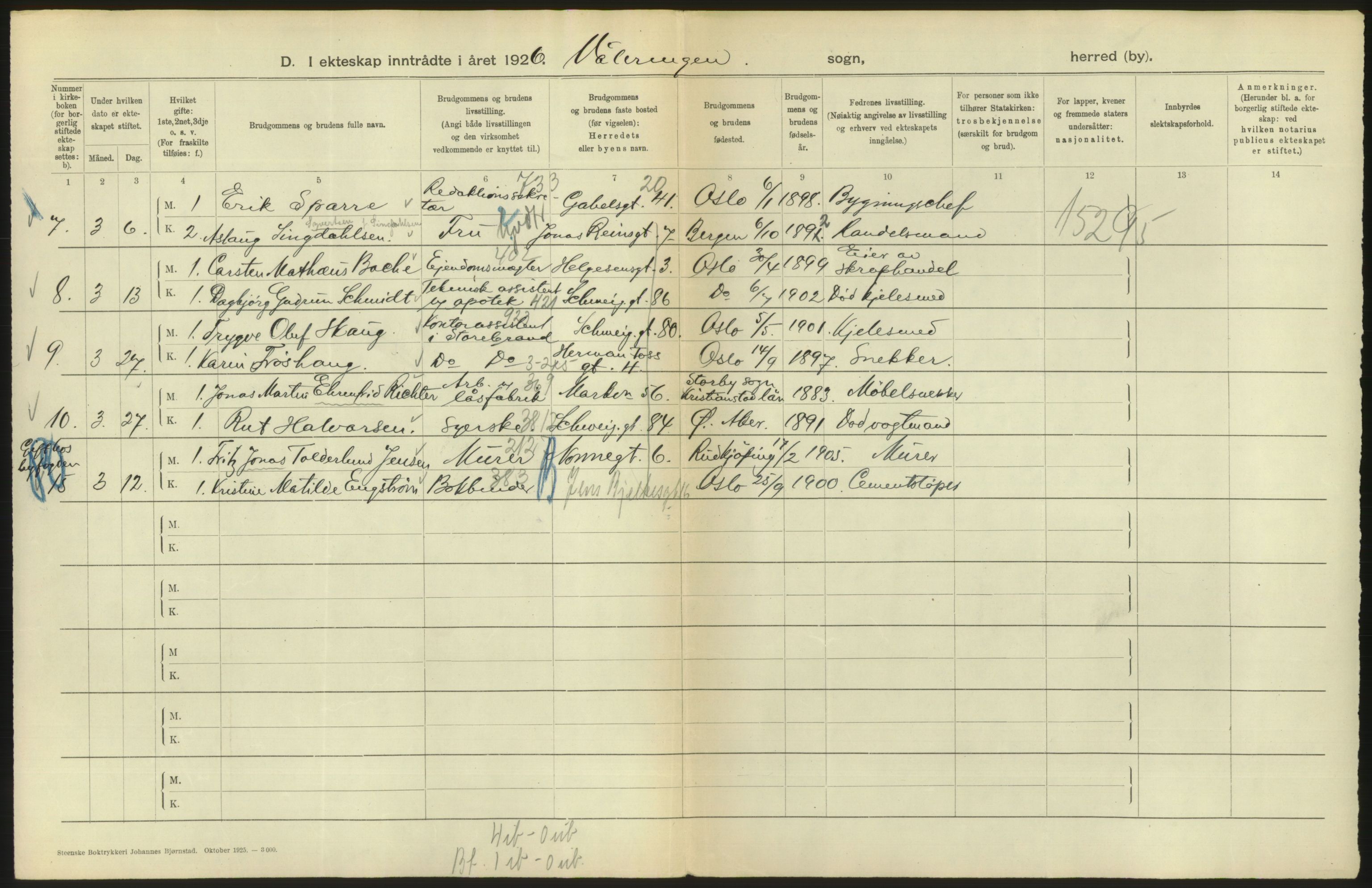 Statistisk sentralbyrå, Sosiodemografiske emner, Befolkning, AV/RA-S-2228/D/Df/Dfc/Dfcf/L0008: Oslo: Gifte, 1926, s. 588