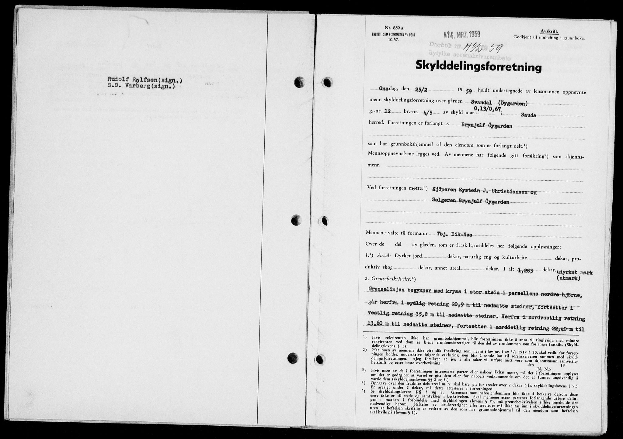 Ryfylke tingrett, SAST/A-100055/001/II/IIB/L0146: Pantebok nr. 125, 1965-1959, Dagboknr: 432/1959