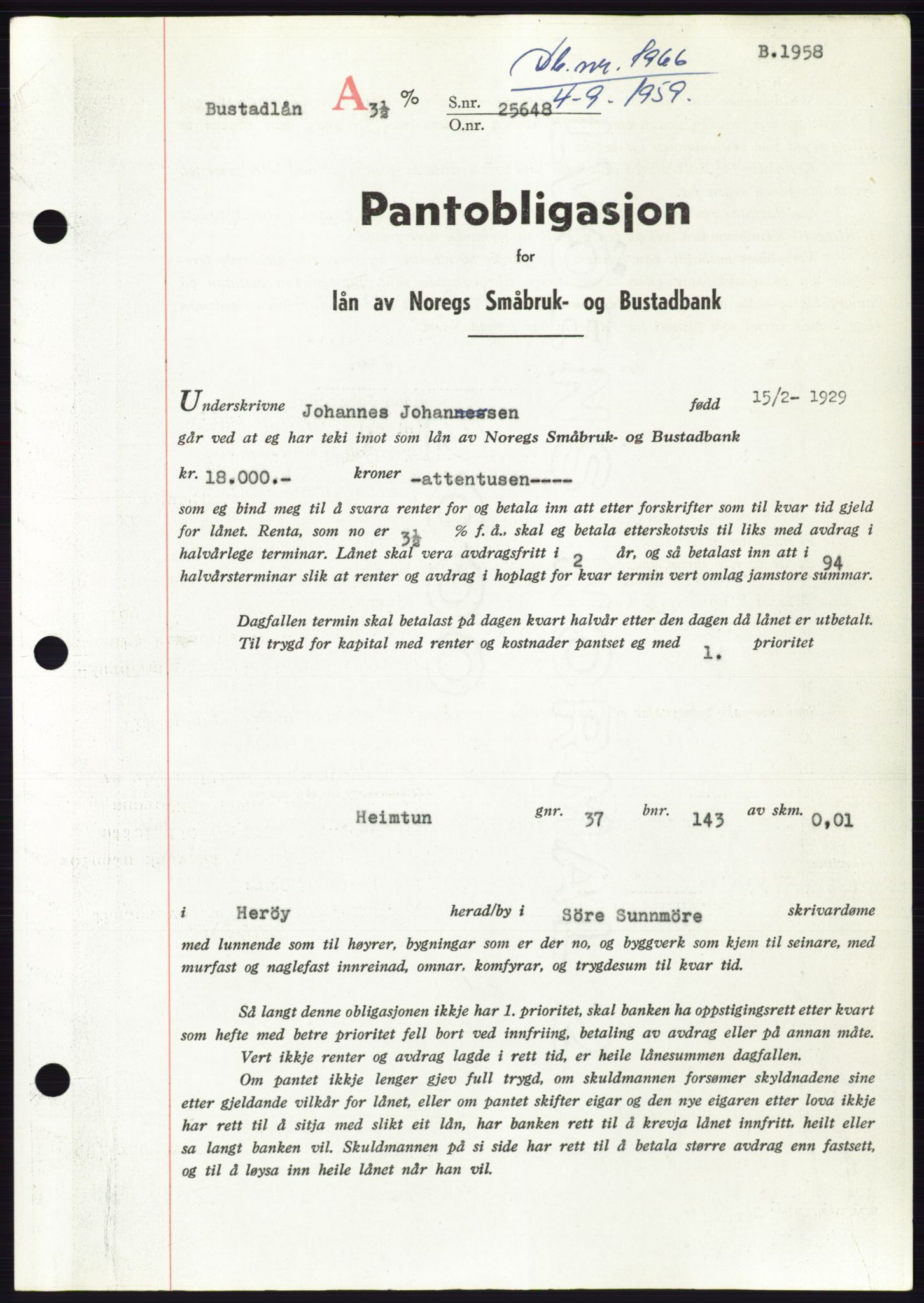 Søre Sunnmøre sorenskriveri, SAT/A-4122/1/2/2C/L0133: Pantebok nr. 21B, 1959-1959, Dagboknr: 1966/1959