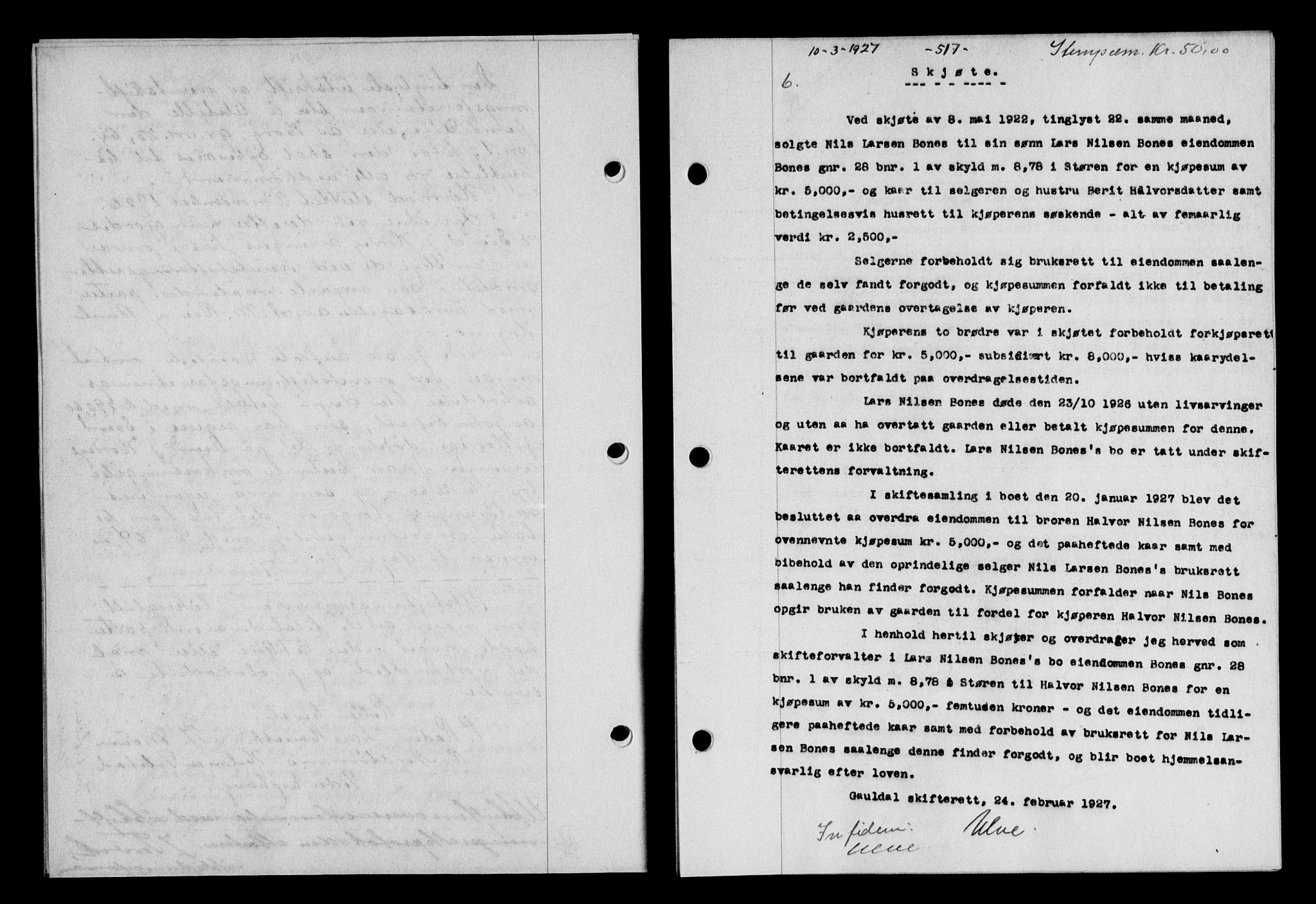 Gauldal sorenskriveri, SAT/A-0014/1/2/2C/L0035: Pantebok nr. 36, 1926-1927, s. 517, Tingl.dato: 10.03.1927