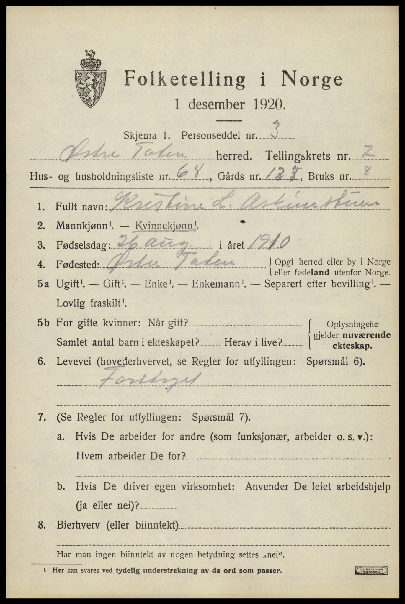 SAH, Folketelling 1920 for 0528 Østre Toten herred, 1920, s. 15704