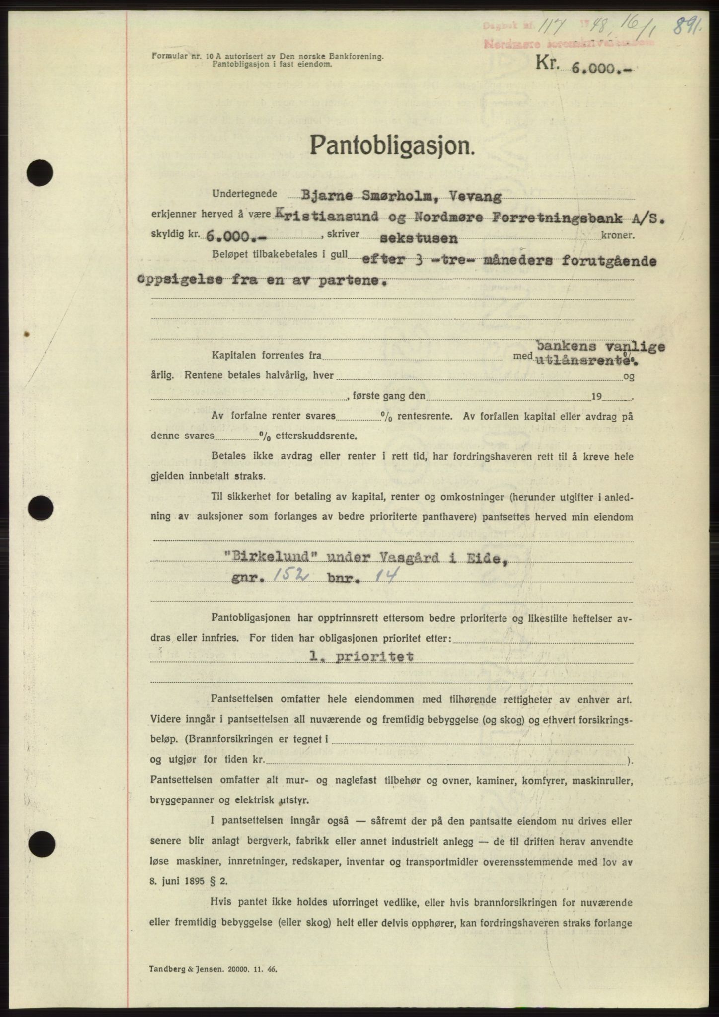 Nordmøre sorenskriveri, AV/SAT-A-4132/1/2/2Ca: Pantebok nr. B97, 1947-1948, Dagboknr: 117/1948