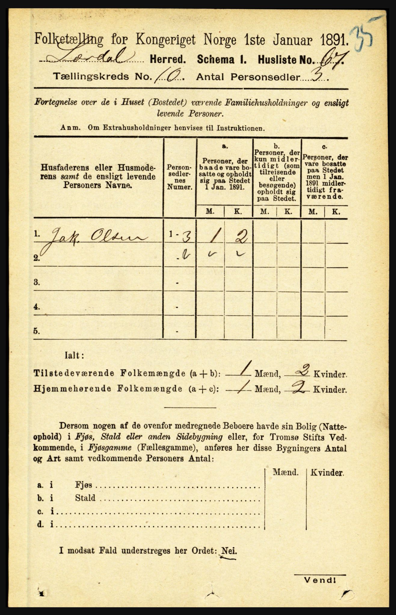 RA, Folketelling 1891 for 1422 Lærdal herred, 1891, s. 1691