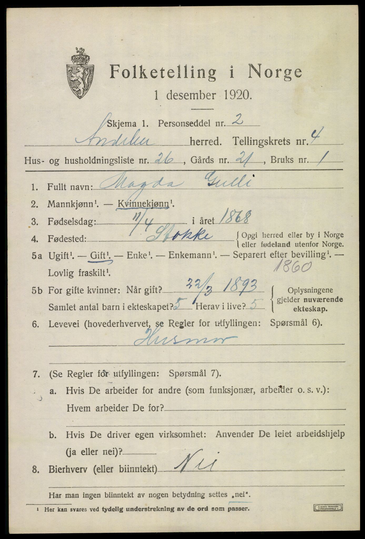 SAKO, Folketelling 1920 for 0719 Andebu herred, 1920, s. 2606
