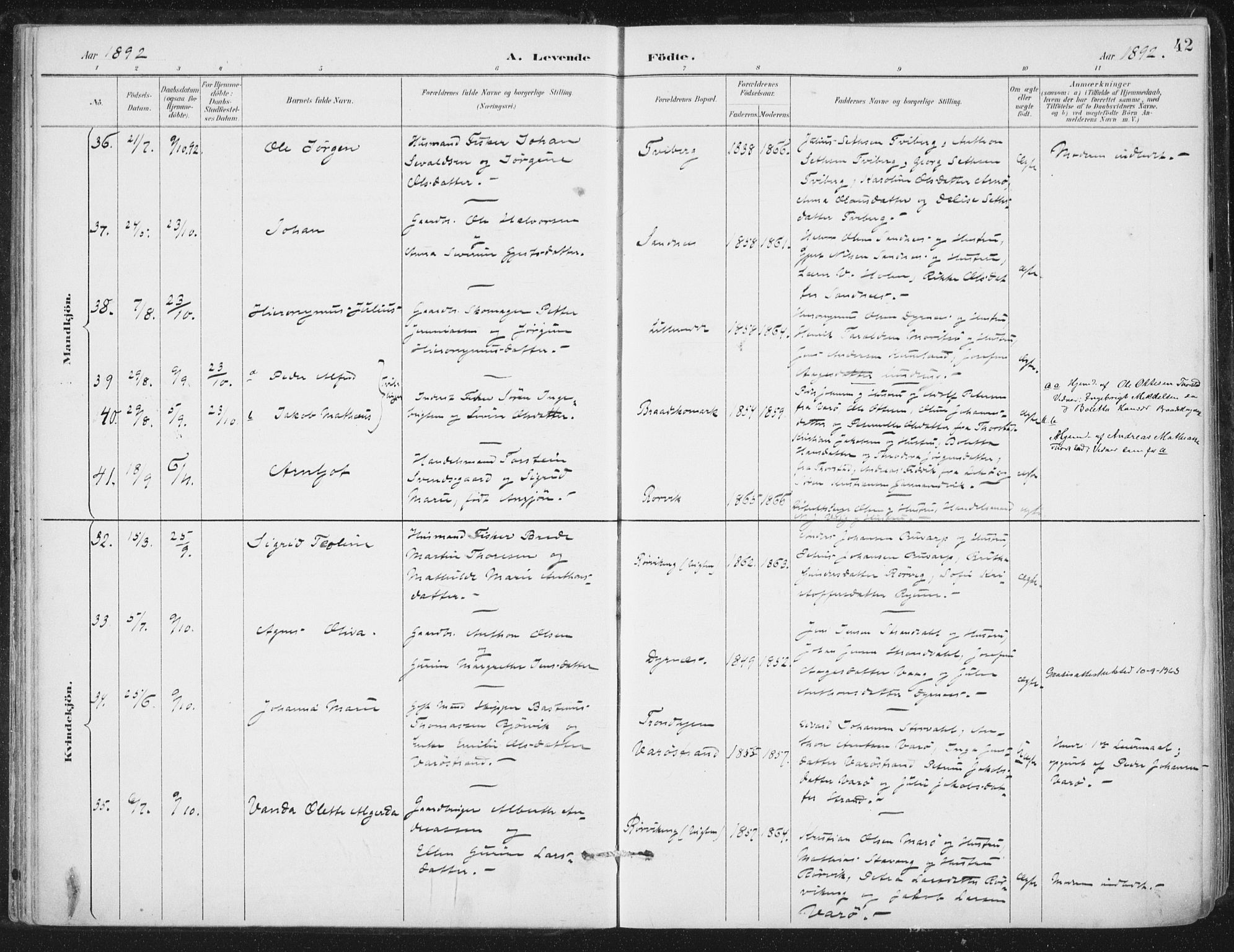 Ministerialprotokoller, klokkerbøker og fødselsregistre - Nord-Trøndelag, SAT/A-1458/784/L0673: Ministerialbok nr. 784A08, 1888-1899, s. 42