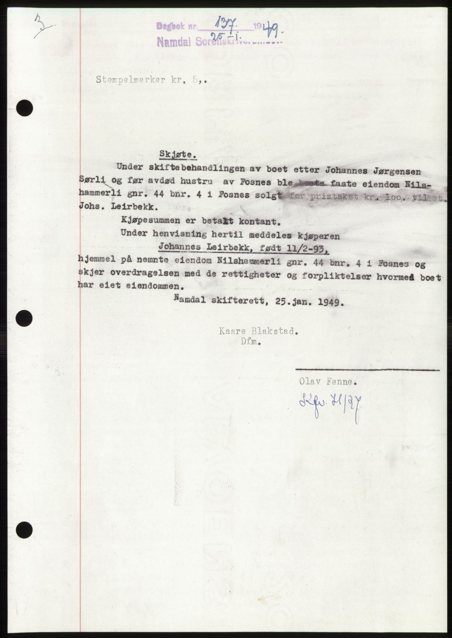 Namdal sorenskriveri, SAT/A-4133/1/2/2C: Pantebok nr. -, 1949-1949, Dagboknr: 137/1949