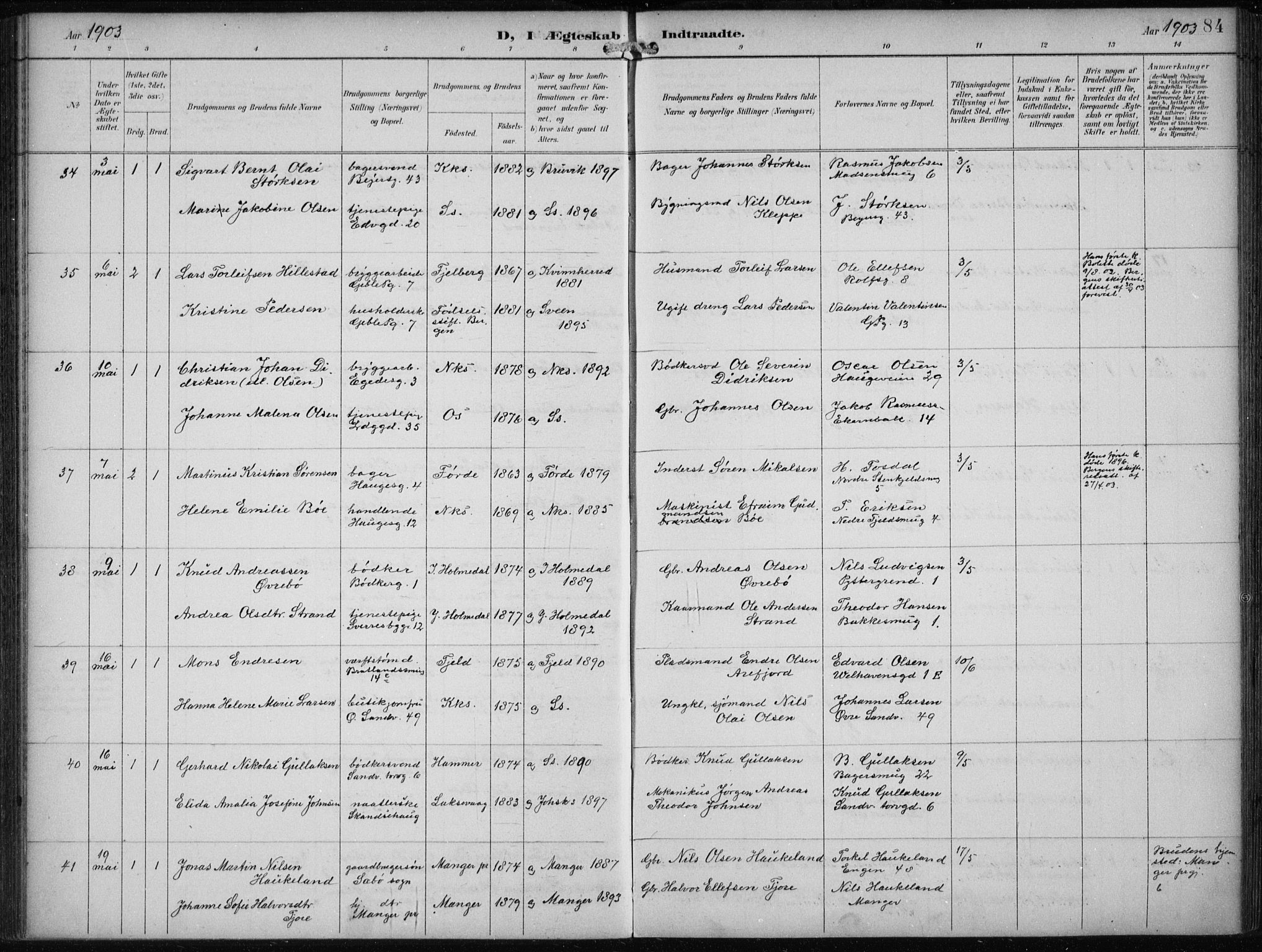 Sandviken Sokneprestembete, AV/SAB-A-77601/H/Ha/L0014: Ministerialbok nr. D 1, 1896-1911, s. 84