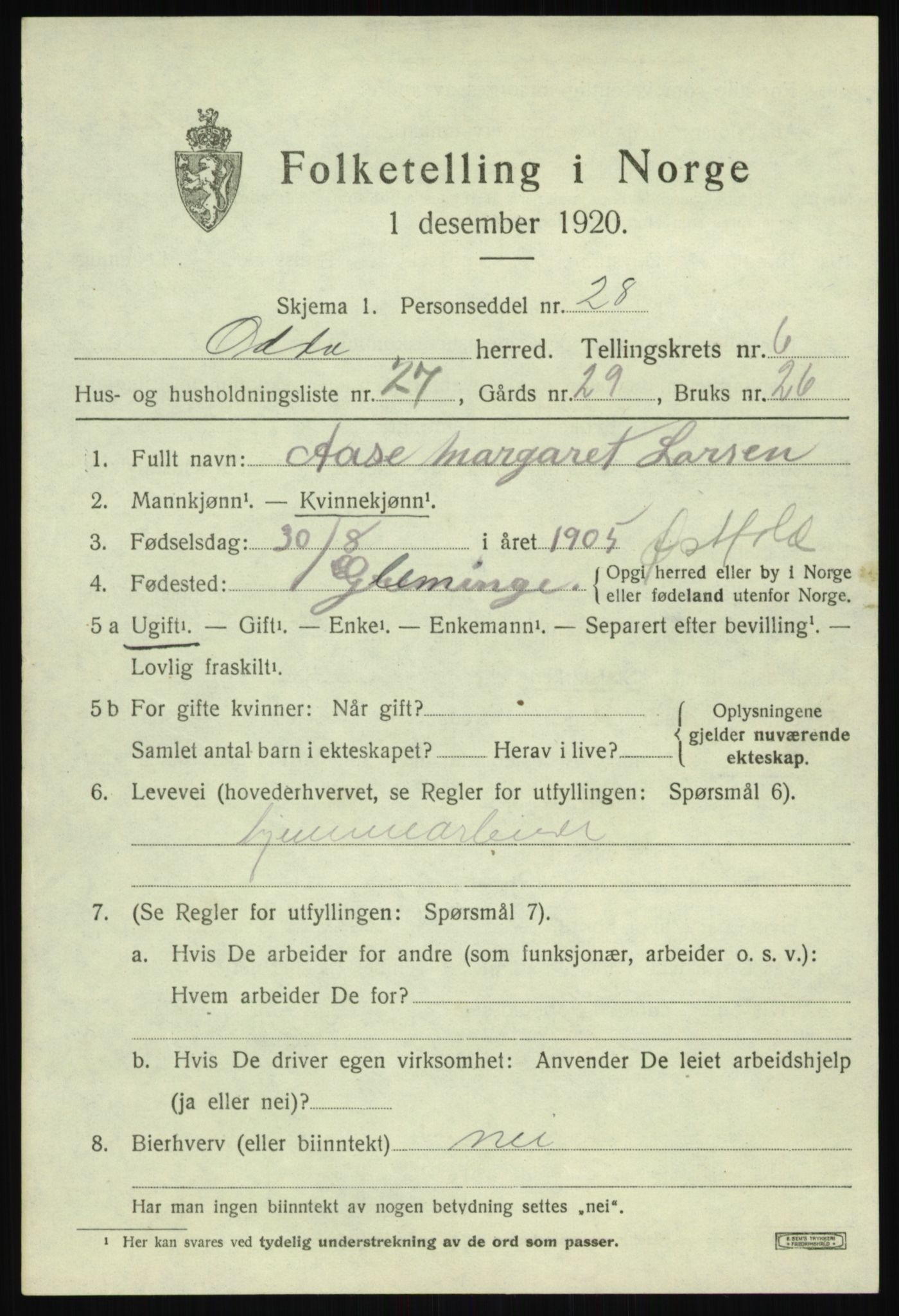 SAB, Folketelling 1920 for 1228 Odda herred, 1920, s. 4857