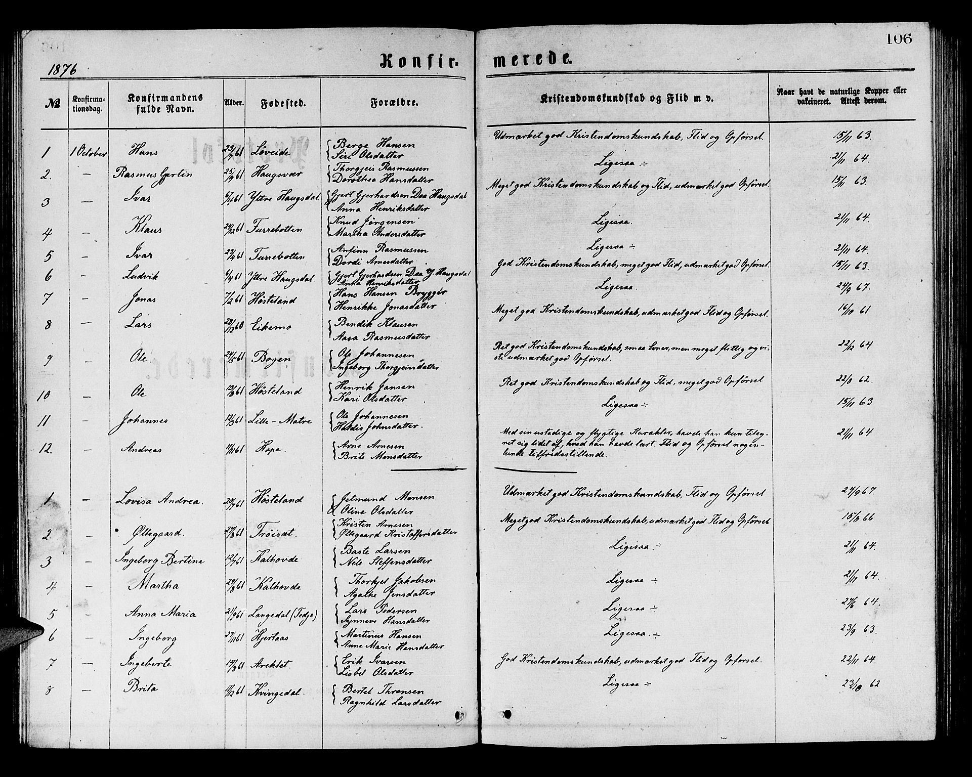 Masfjorden sokneprestembete, AV/SAB-A-77001: Klokkerbok nr. A 2, 1876-1891, s. 106