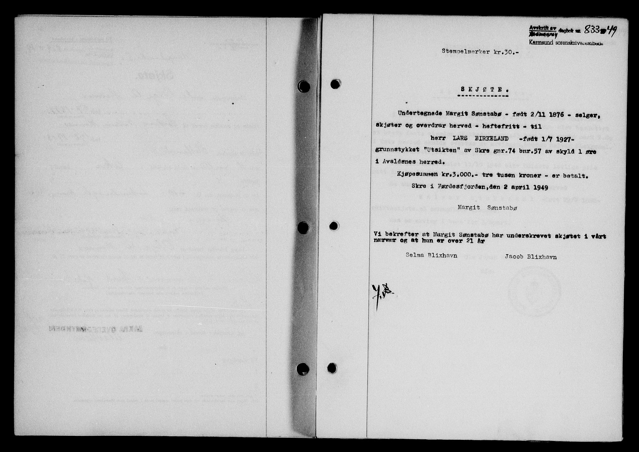 Karmsund sorenskriveri, SAST/A-100311/01/II/IIB/L0095: Pantebok nr. 75A, 1948-1949, Dagboknr: 833/1949
