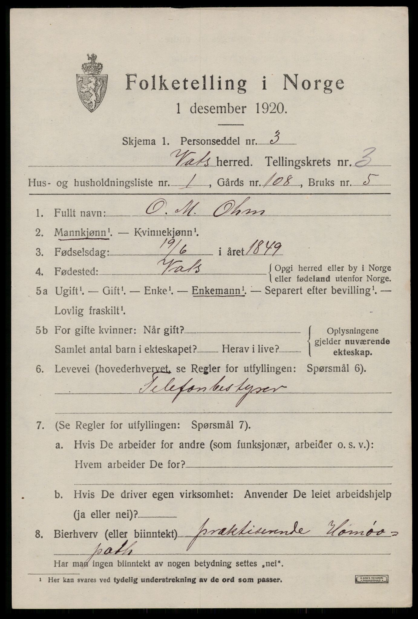 SAST, Folketelling 1920 for 1155 Vats herred, 1920, s. 1085