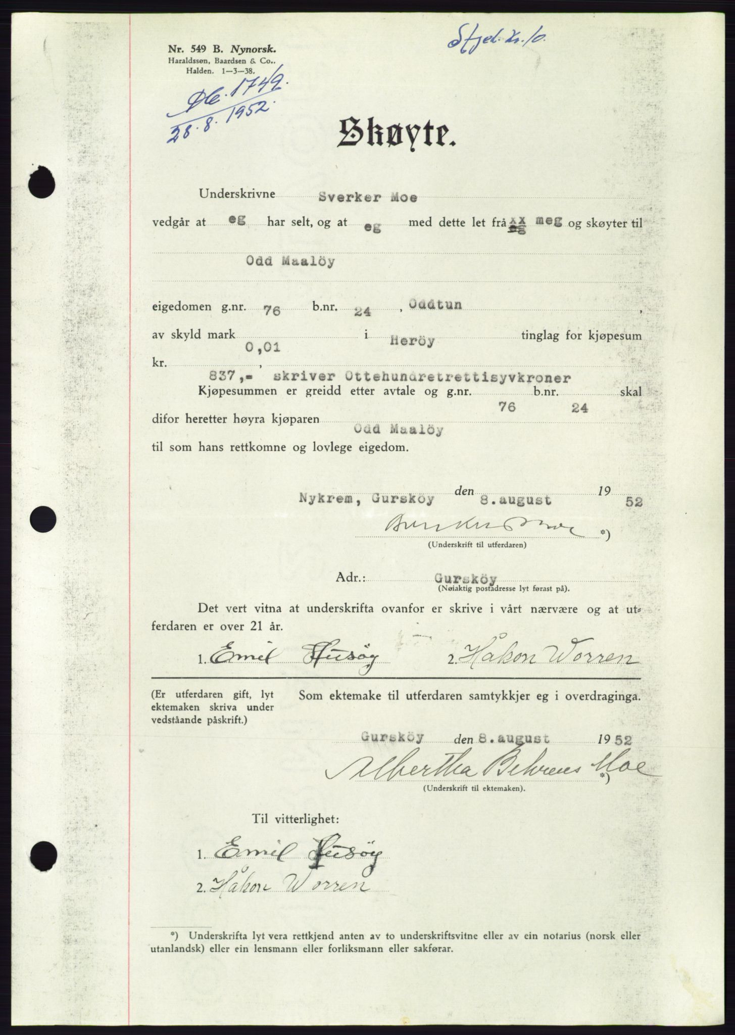 Søre Sunnmøre sorenskriveri, AV/SAT-A-4122/1/2/2C/L0092: Pantebok nr. 18A, 1952-1952, Dagboknr: 1749/1952