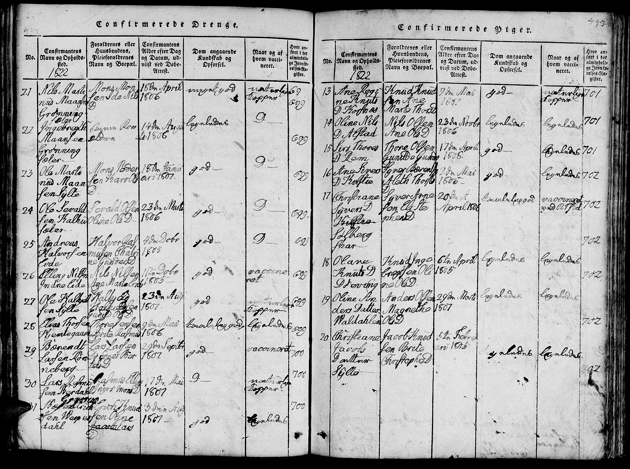 Ministerialprotokoller, klokkerbøker og fødselsregistre - Møre og Romsdal, AV/SAT-A-1454/519/L0260: Klokkerbok nr. 519C01, 1817-1829, s. 492-493