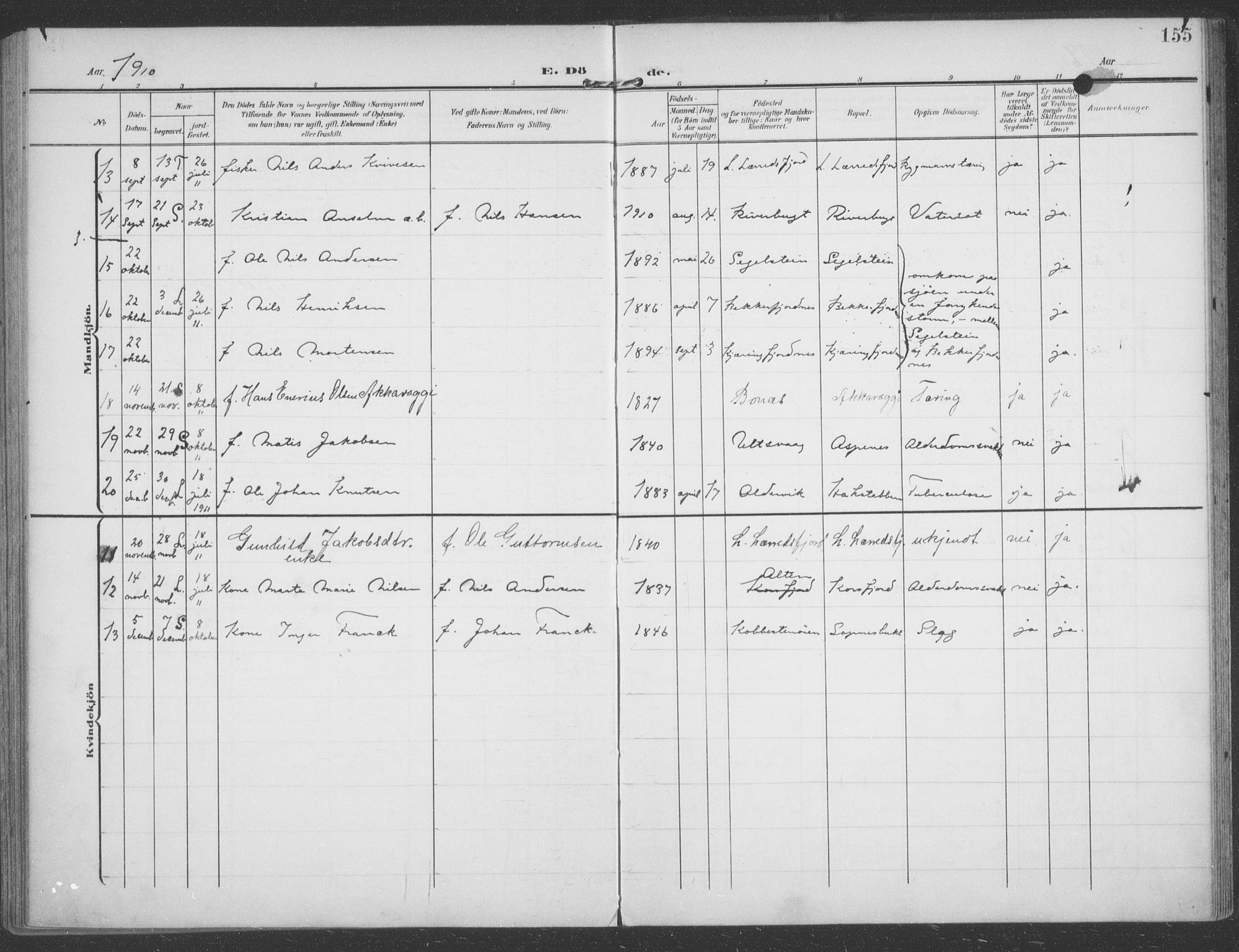 Talvik sokneprestkontor, AV/SATØ-S-1337/H/Ha/L0017kirke: Ministerialbok nr. 17, 1906-1915, s. 155