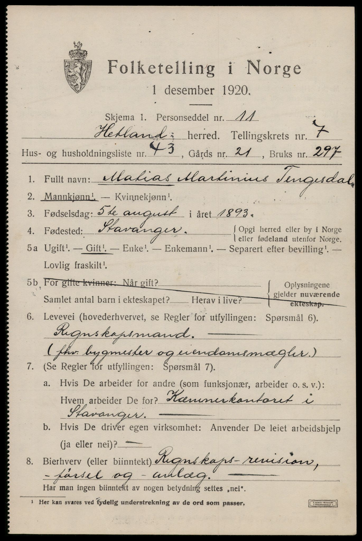 SAST, Folketelling 1920 for 1126 Hetland herred, 1920, s. 14451