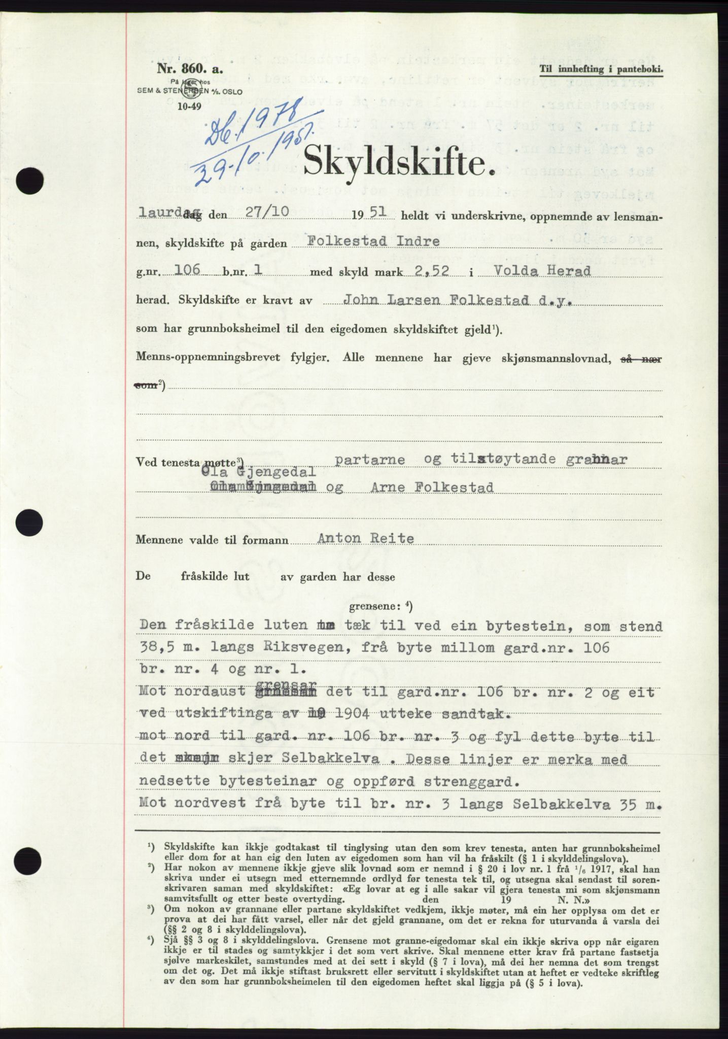 Søre Sunnmøre sorenskriveri, AV/SAT-A-4122/1/2/2C/L0090: Pantebok nr. 16A, 1951-1951, Dagboknr: 1978/1951