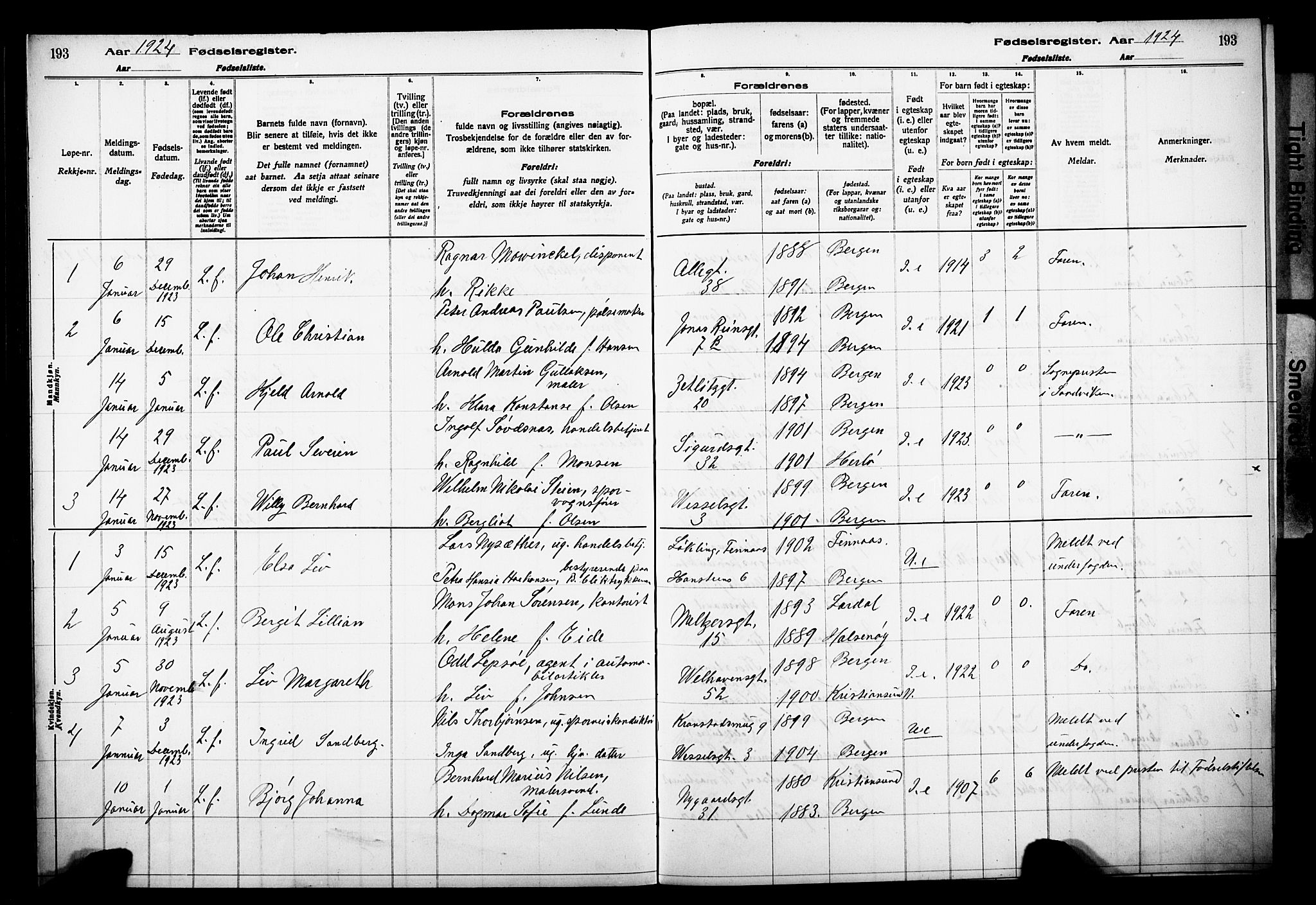 Johanneskirken sokneprestembete, SAB/A-76001/I/Id/L00A1: Fødselsregister nr. A 1, 1916-1924, s. 193