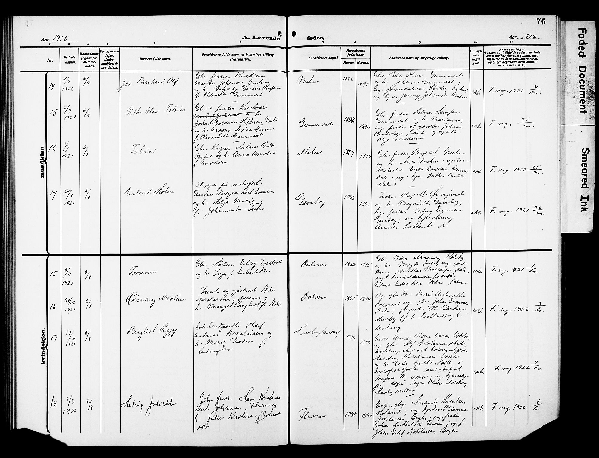 Kvæfjord sokneprestkontor, AV/SATØ-S-1323/G/Ga/Gab/L0006klokker: Klokkerbok nr. 6, 1912-1931, s. 76