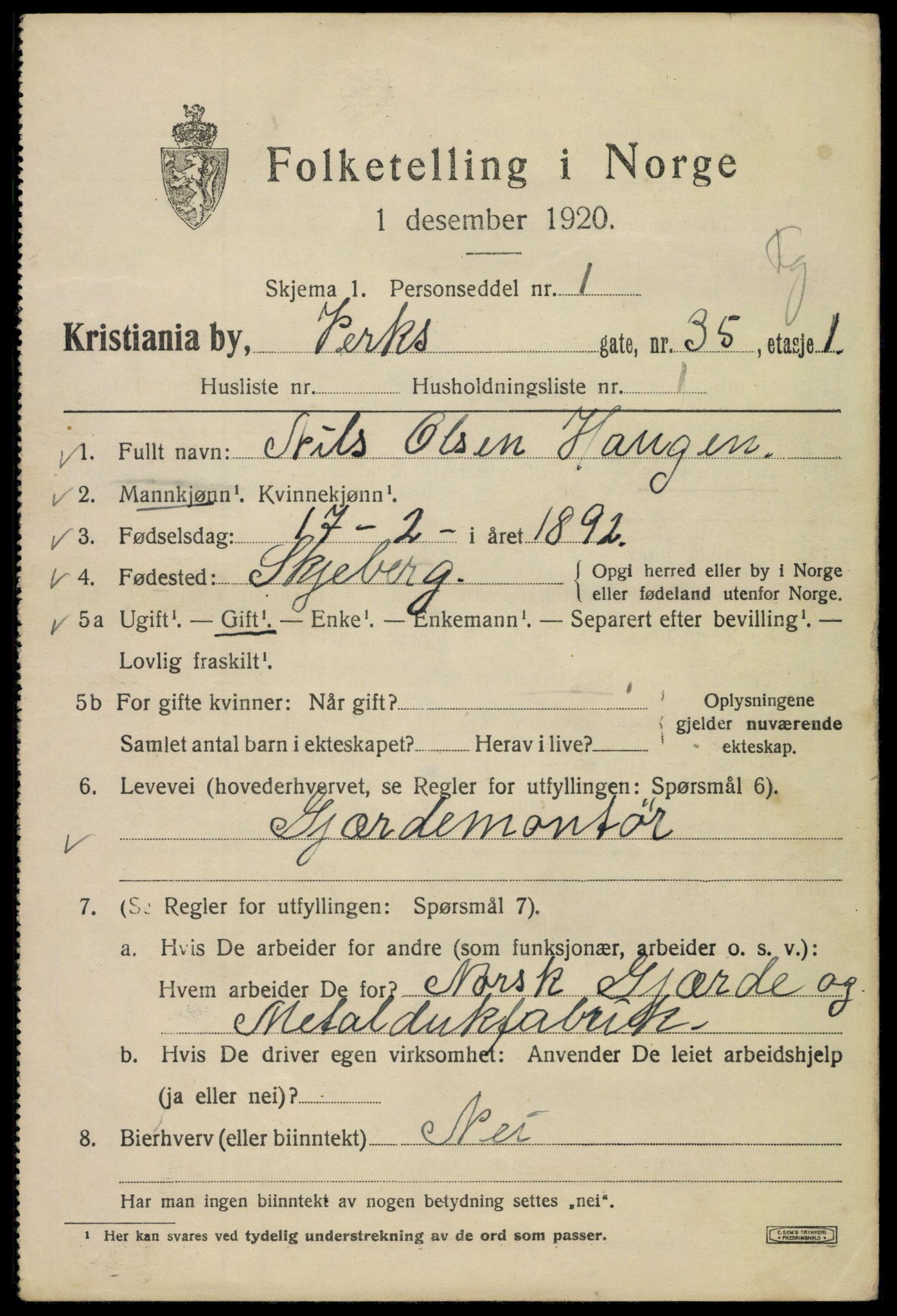 SAO, Folketelling 1920 for 0301 Kristiania kjøpstad, 1920, s. 630525