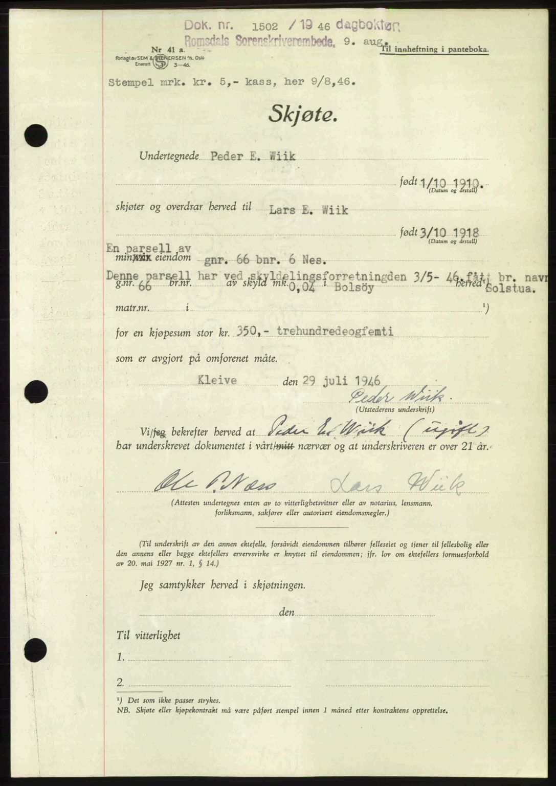 Romsdal sorenskriveri, AV/SAT-A-4149/1/2/2C: Pantebok nr. A20, 1946-1946, Dagboknr: 1502/1946