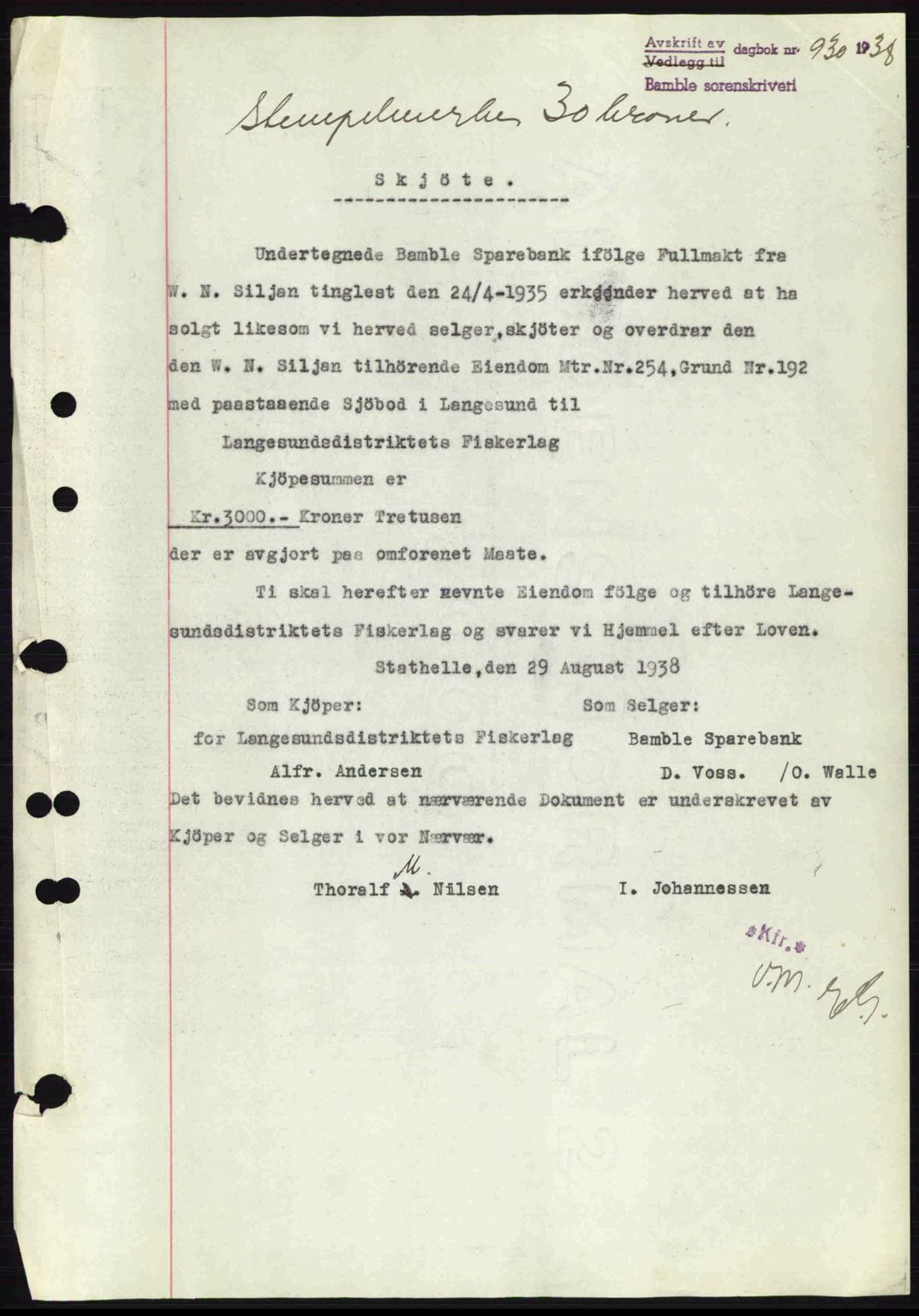 Bamble sorenskriveri, AV/SAKO-A-214/G/Ga/Gag/L0002: Pantebok nr. A-2, 1937-1938, Dagboknr: 930/1938