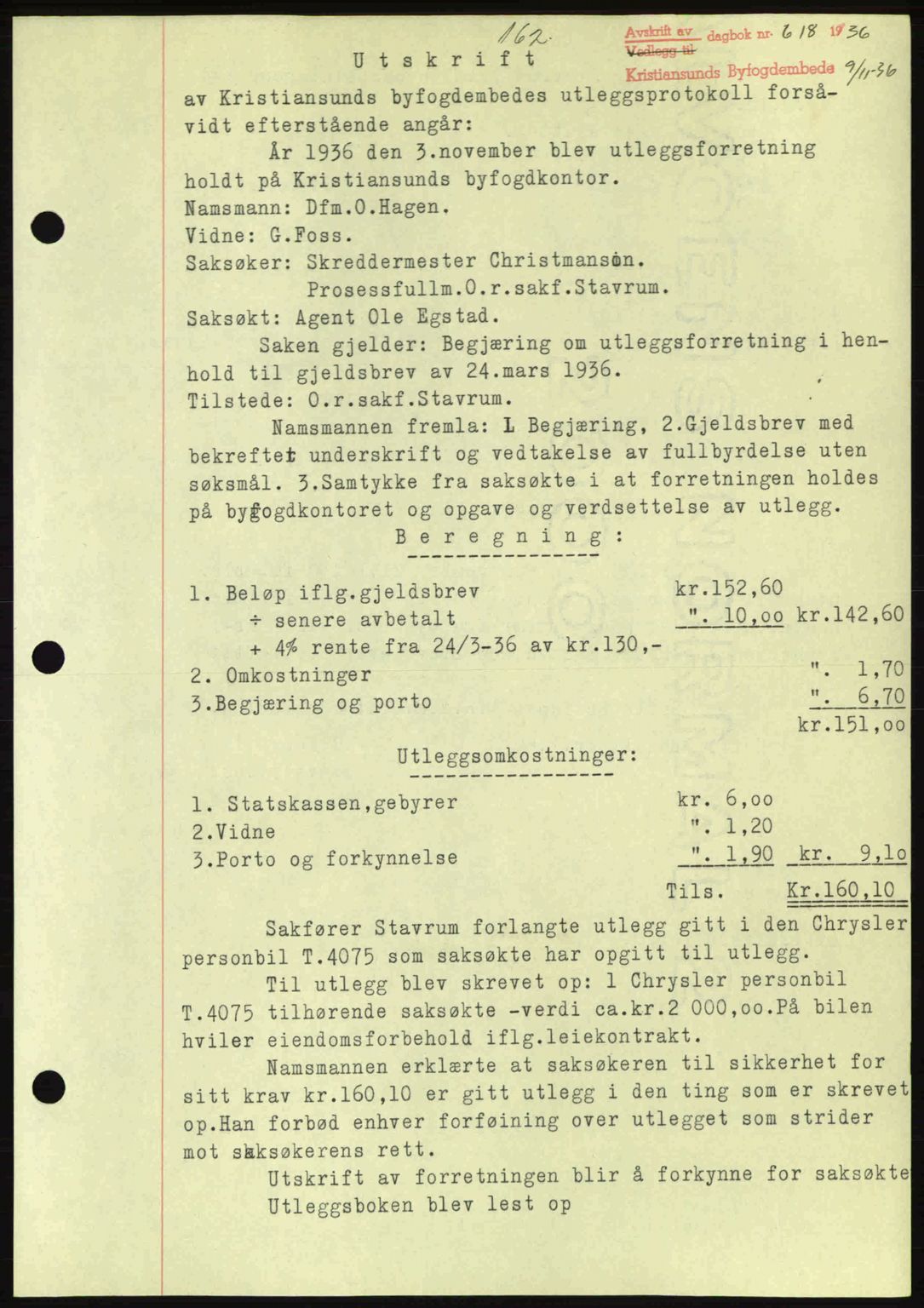 Kristiansund byfogd, SAT/A-4587/A/27: Pantebok nr. 29, 1936-1937, Dagboknr: 618/1936