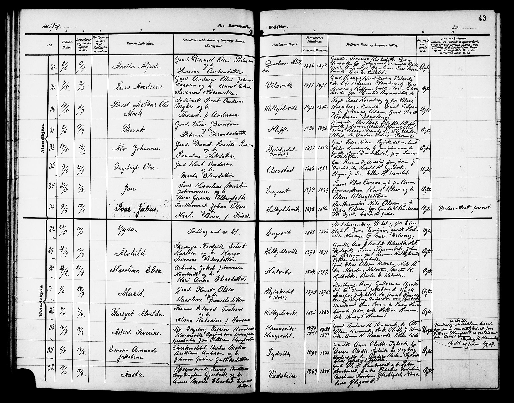 Ministerialprotokoller, klokkerbøker og fødselsregistre - Møre og Romsdal, AV/SAT-A-1454/511/L0159: Klokkerbok nr. 511C05, 1902-1920, s. 43