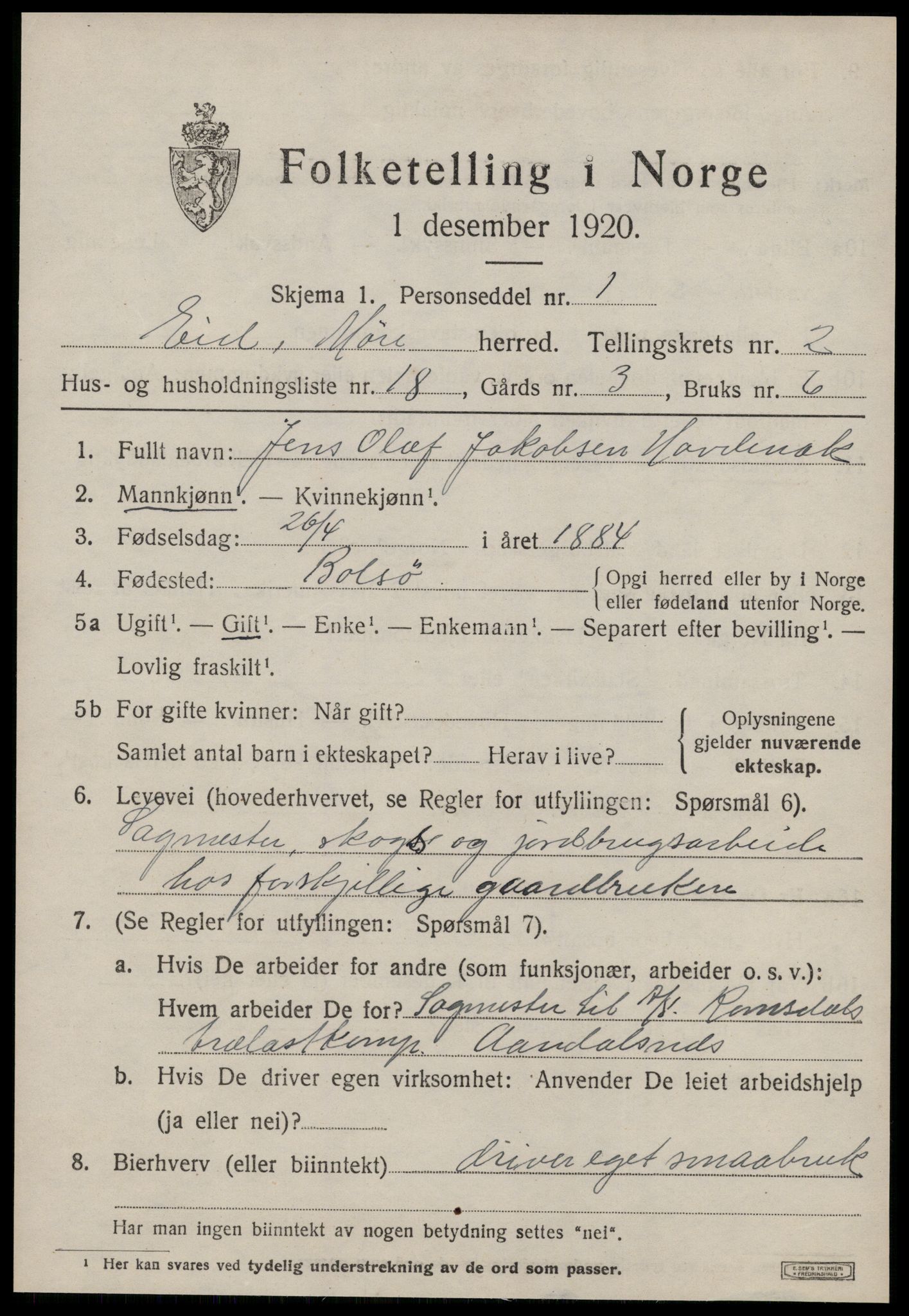 SAT, Folketelling 1920 for 1538 Eid herred, 1920, s. 711