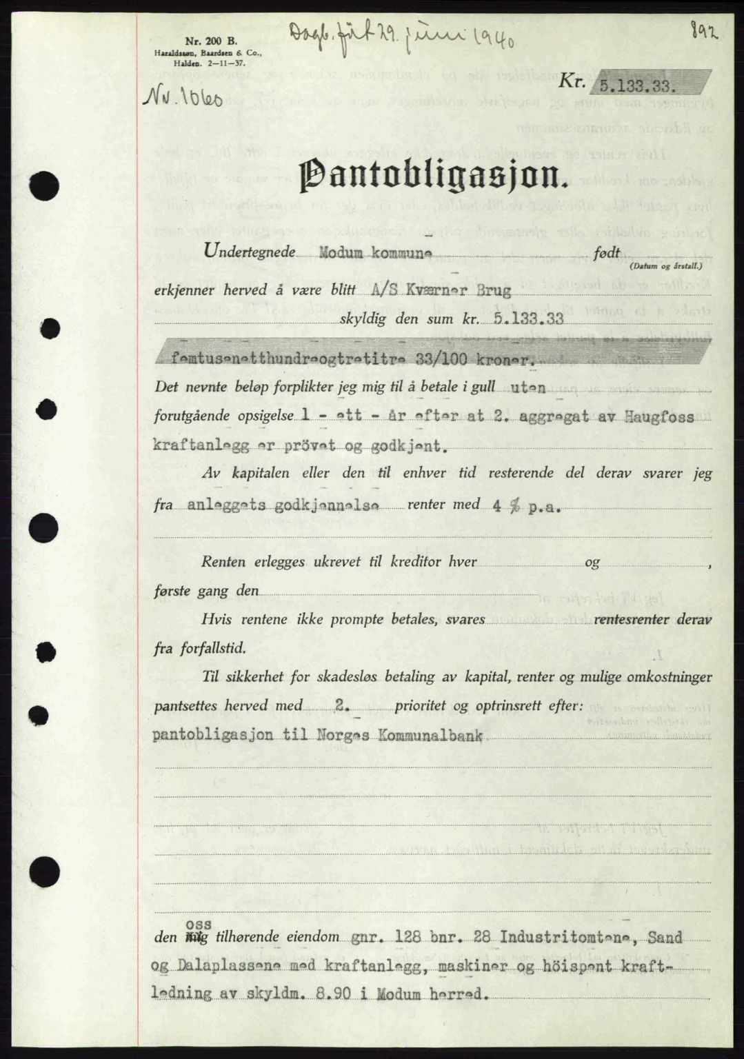 Eiker, Modum og Sigdal sorenskriveri, SAKO/A-123/G/Ga/Gab/L0041: Pantebok nr. A11, 1939-1940, Dagboknr: 1060/1940