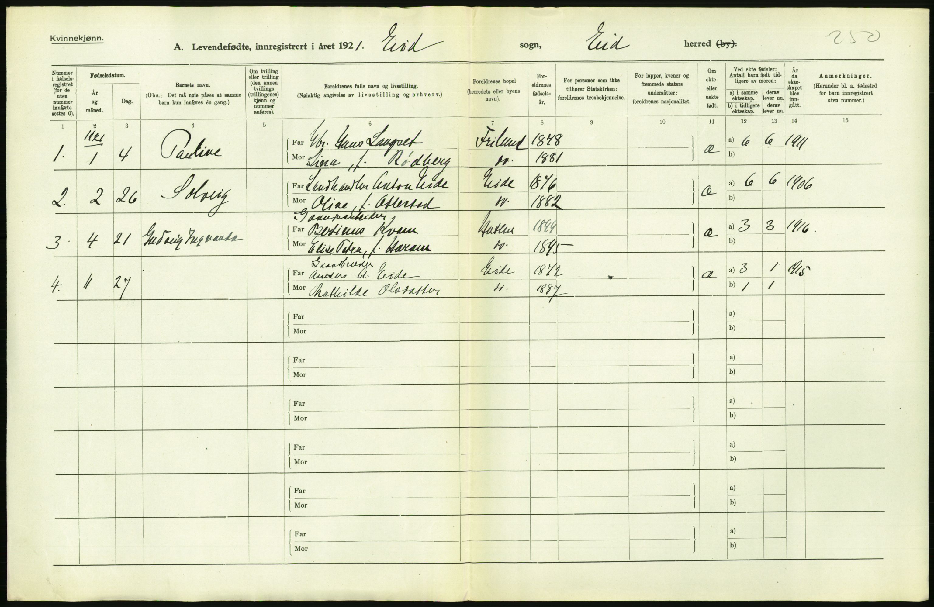 Statistisk sentralbyrå, Sosiodemografiske emner, Befolkning, AV/RA-S-2228/D/Df/Dfc/Dfca/L0040: Møre fylke: Levendefødte menn og kvinner. Bygder., 1921, s. 442