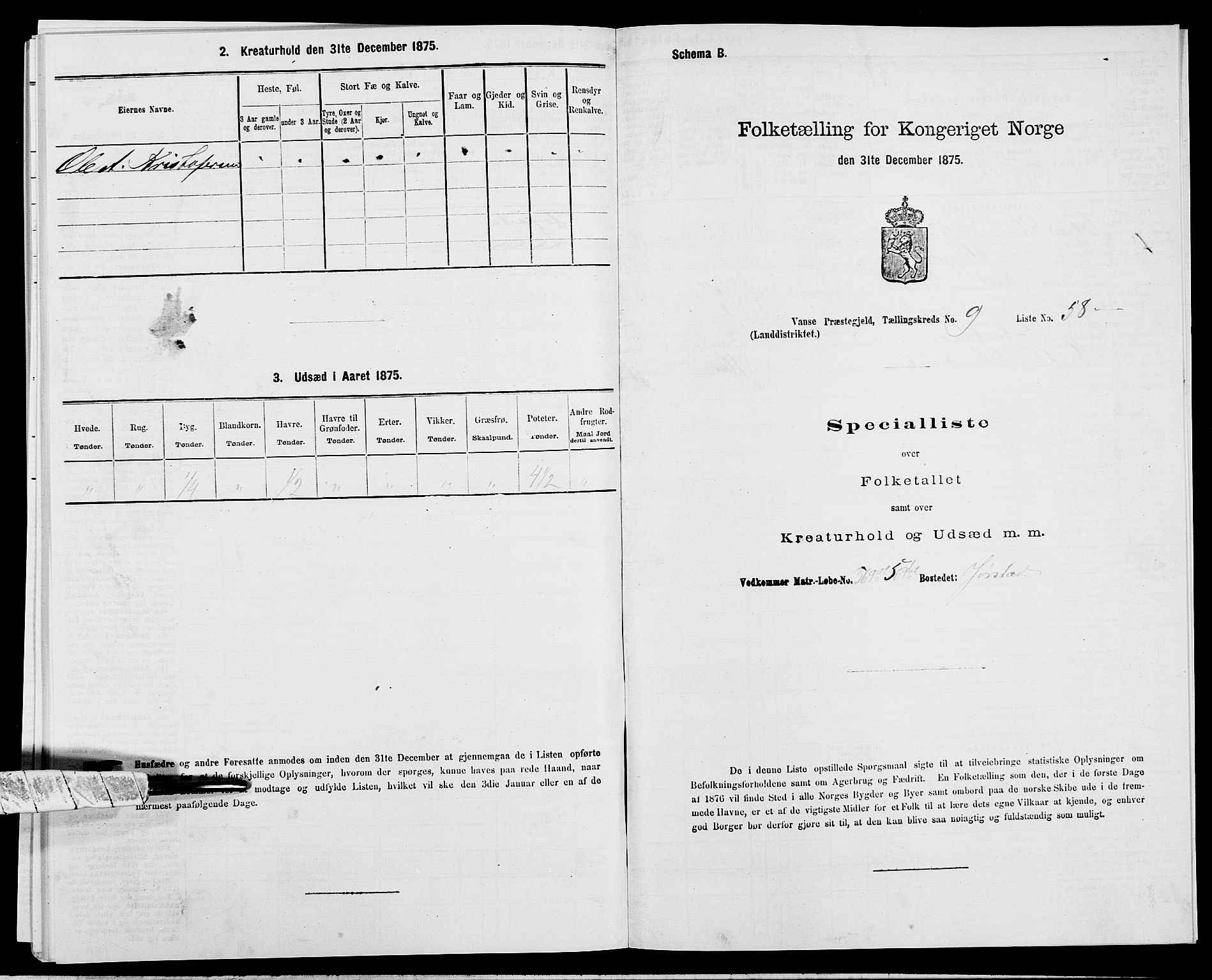 SAK, Folketelling 1875 for 1041L Vanse prestegjeld, Vanse sokn og Farsund landsokn, 1875, s. 1885